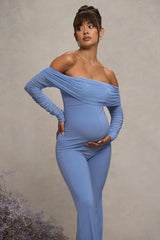 Count Down | Powder Blue Maternity Ruched Mesh Bardot Jumpsuit