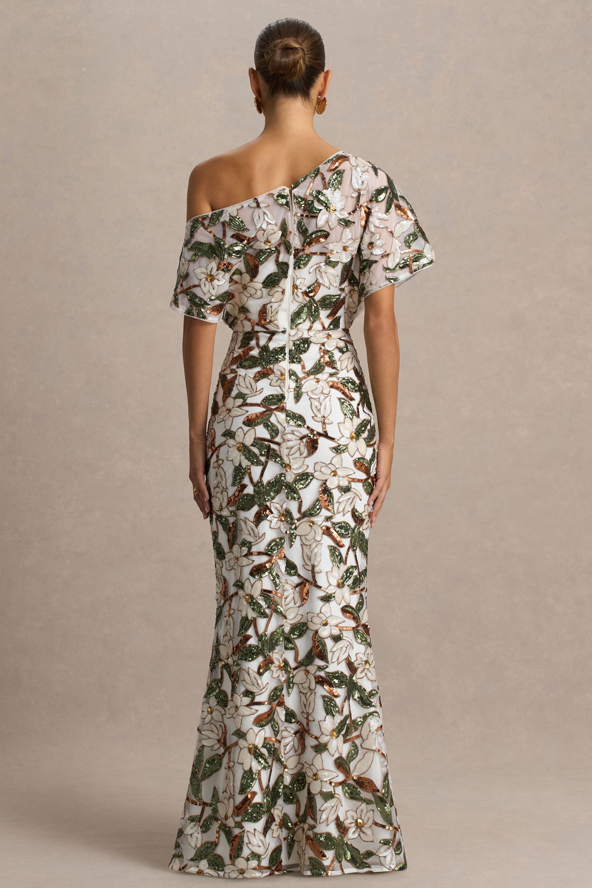 Iony | White And Green Embellished Sequin Floral And Mesh Asymmetric-Neck Maxi Dress