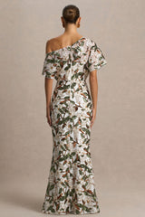 Iony | White And Green Embellished Sequin Floral And Mesh Asymmetric-Neck Maxi Dress