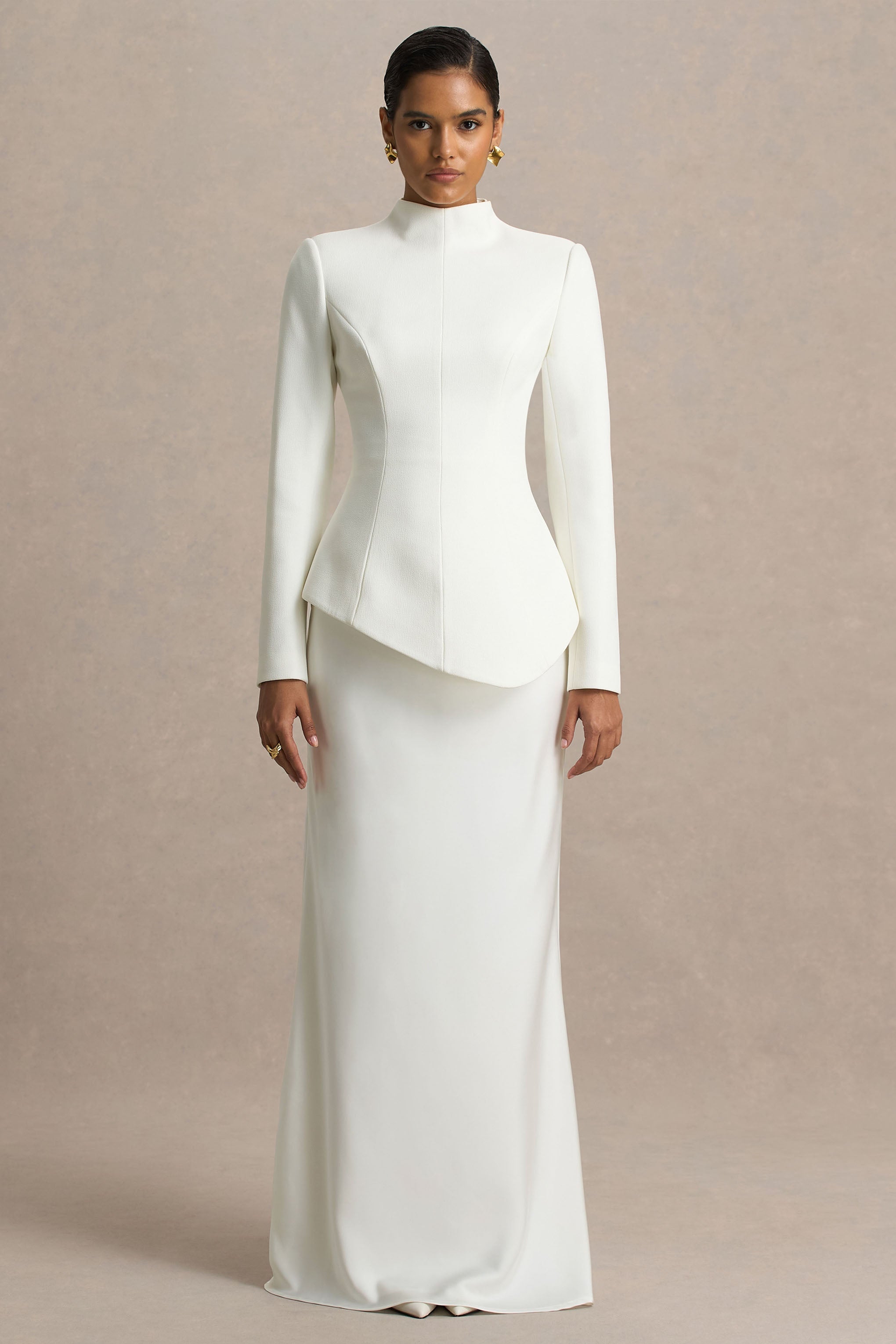 Pepita | Cream High-Neck Tailored Maxi Dress With Drop-Waist And Satin Skirt