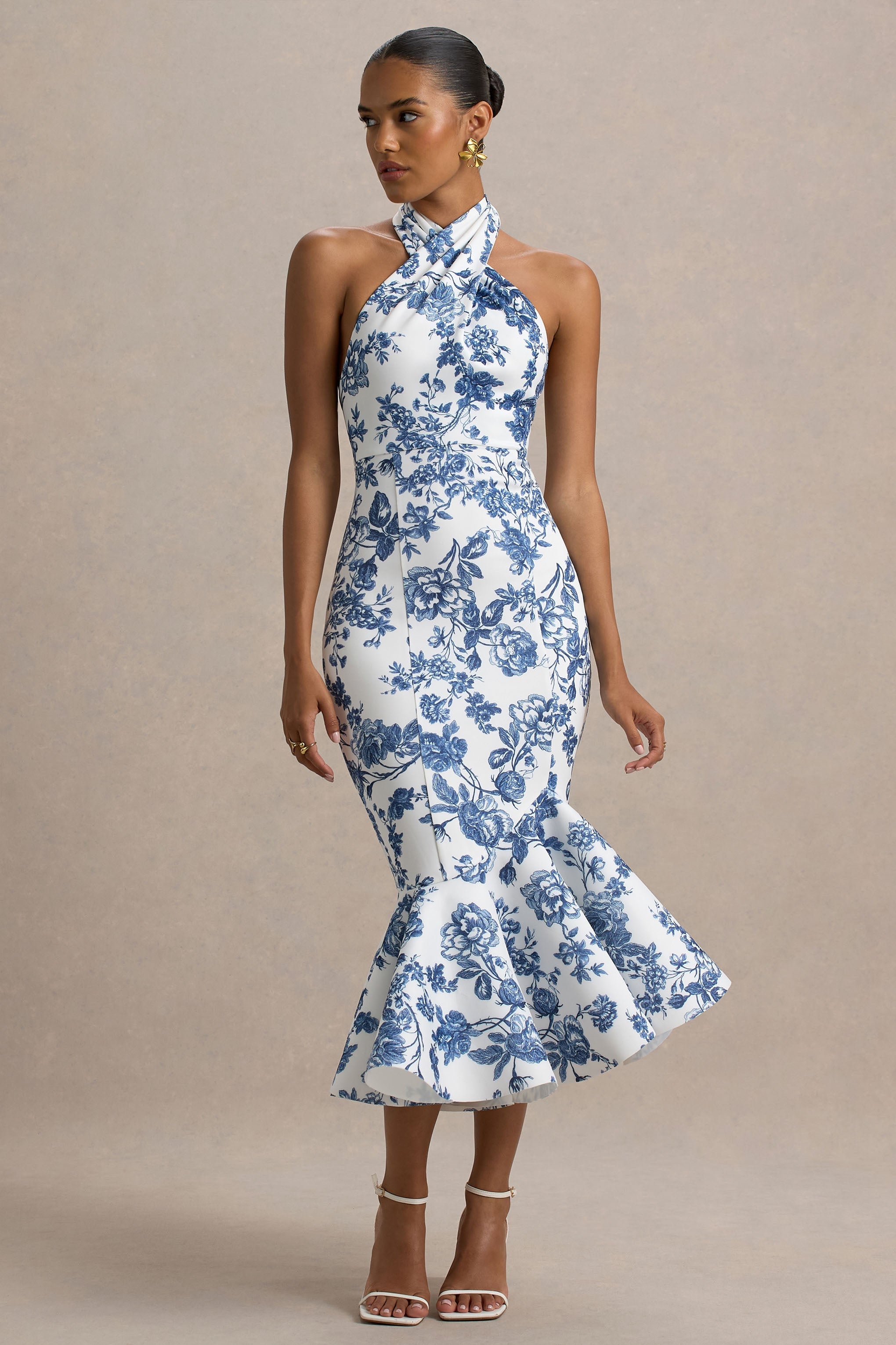 Sonoma | Blue Porcelain Print Halter-Neck Ruffle-Trim Midi Dress