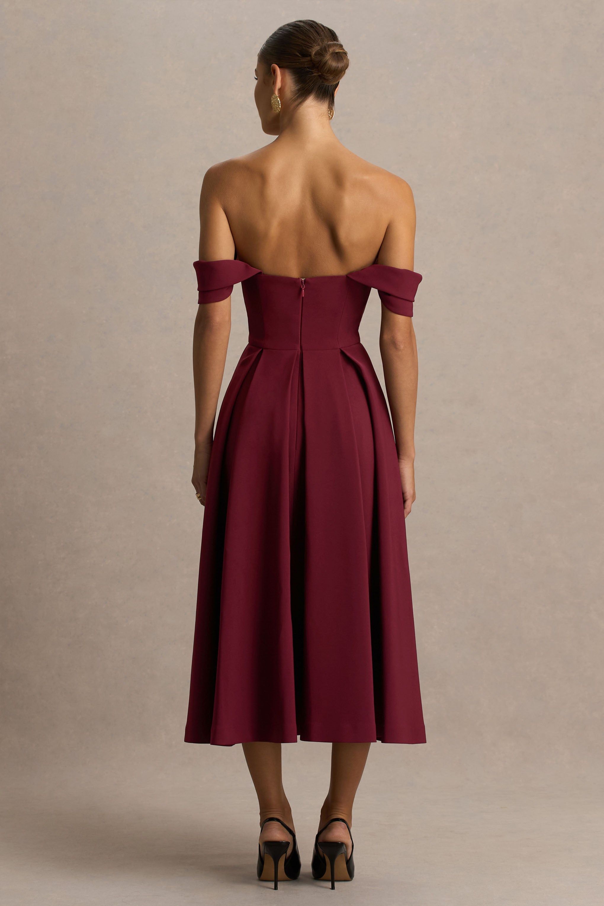 Cosima | Burgundy Bardot-Neck Midi Dress