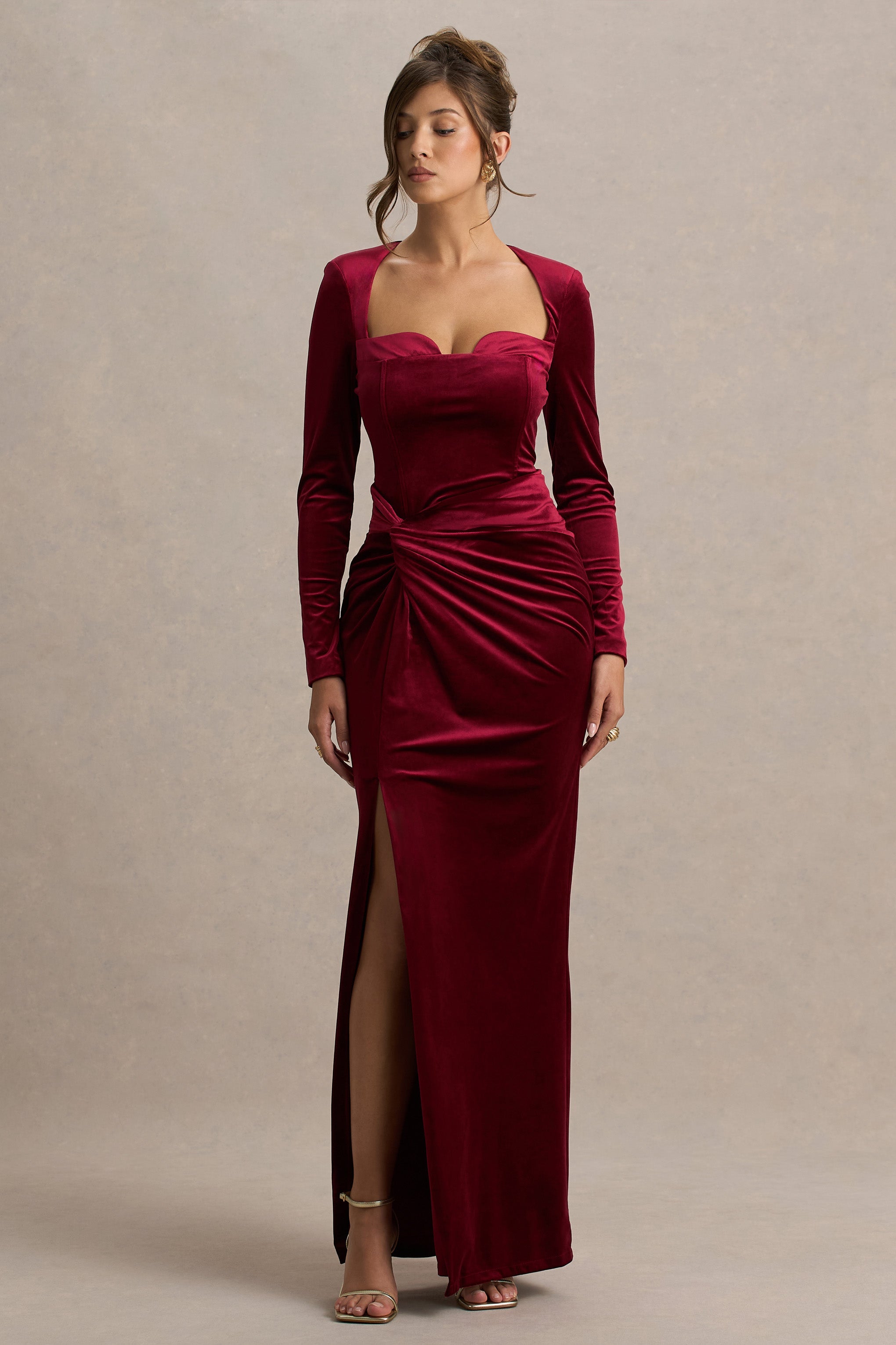 Fay | Berry Velvet Corset Style Knot Maxi Dress