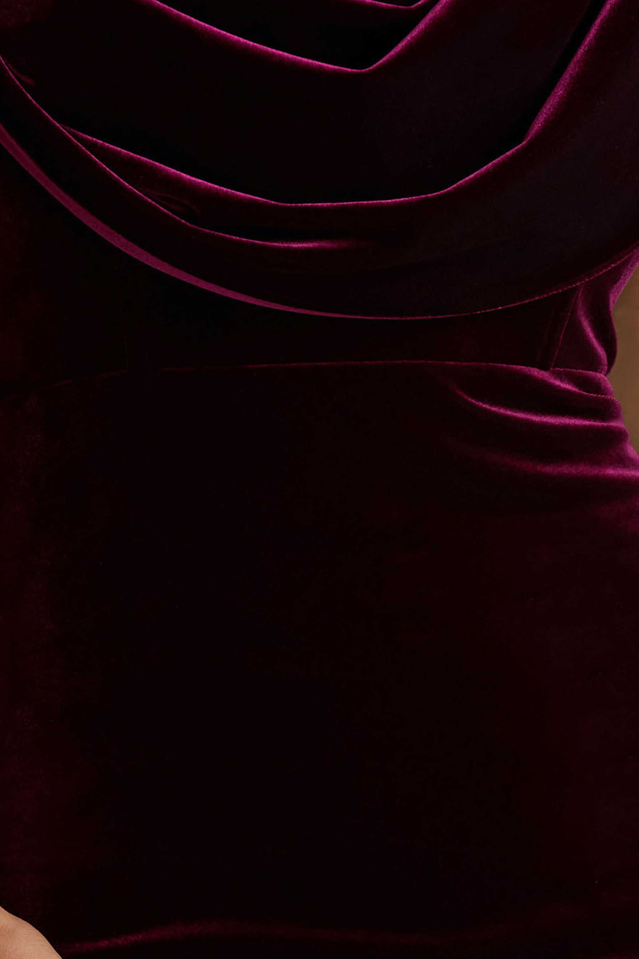 High End | Burgundy Velvet Asymmetric-Neck Midi Dress With Draped Detailing