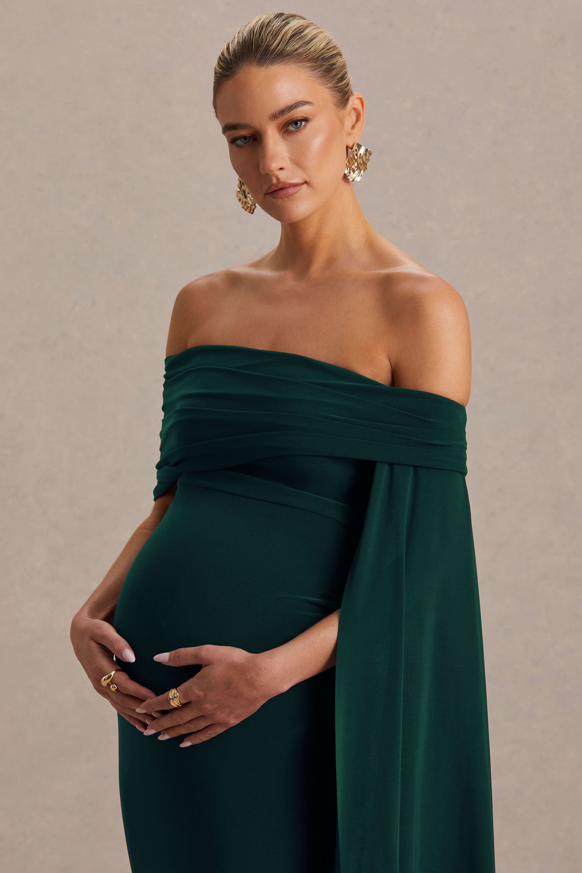 Aquila | Bottle Green Bardot Maternity Maxi Dress With Draped Detail