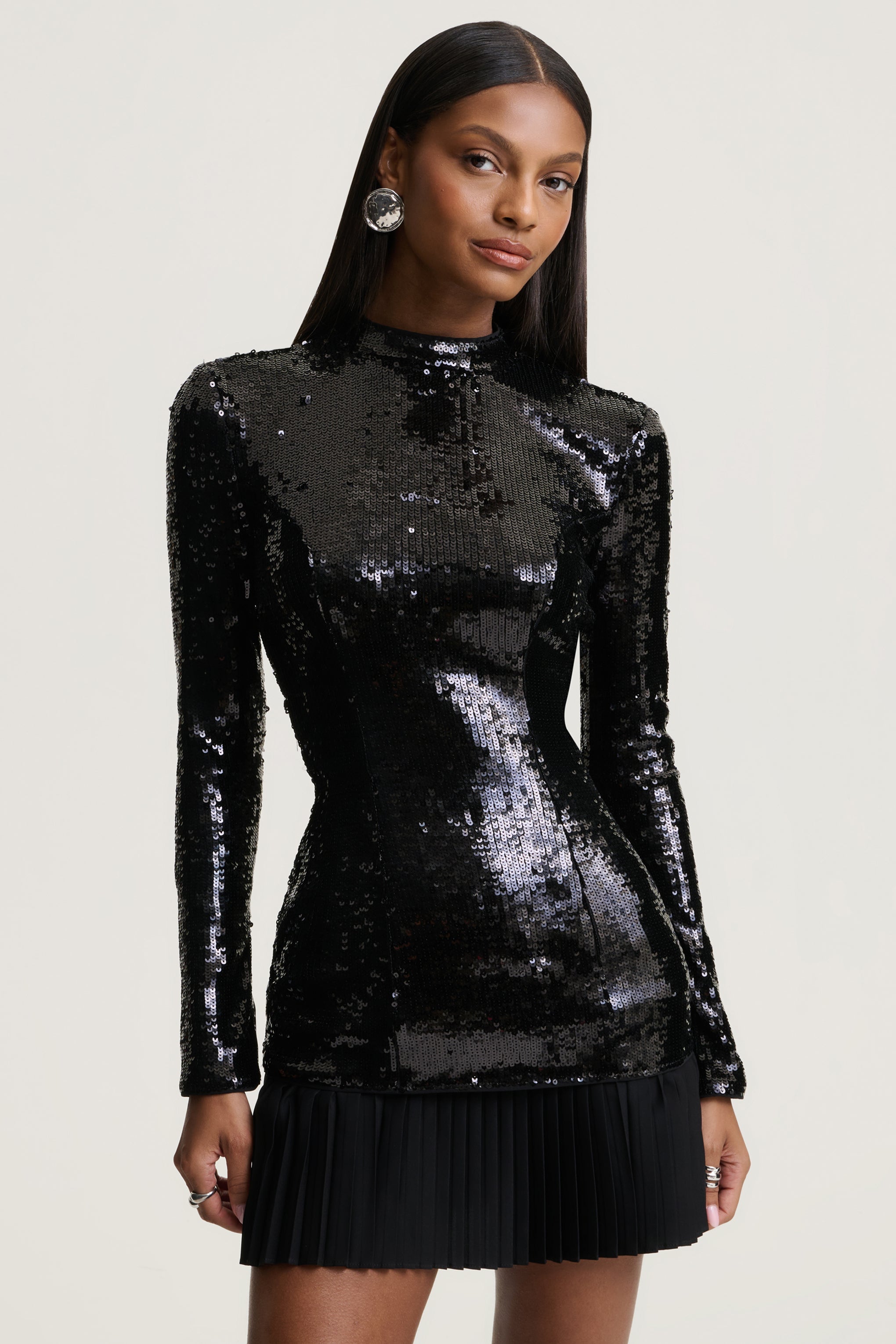 North | Black Sequin High-Neck Mini Dress With Pleats