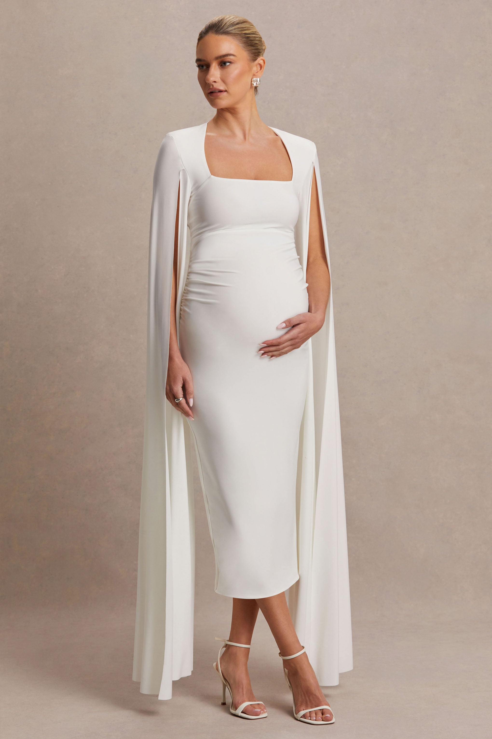 Flawless | White Square-Neck Maternity Midi Dress With Cape-Sleeves