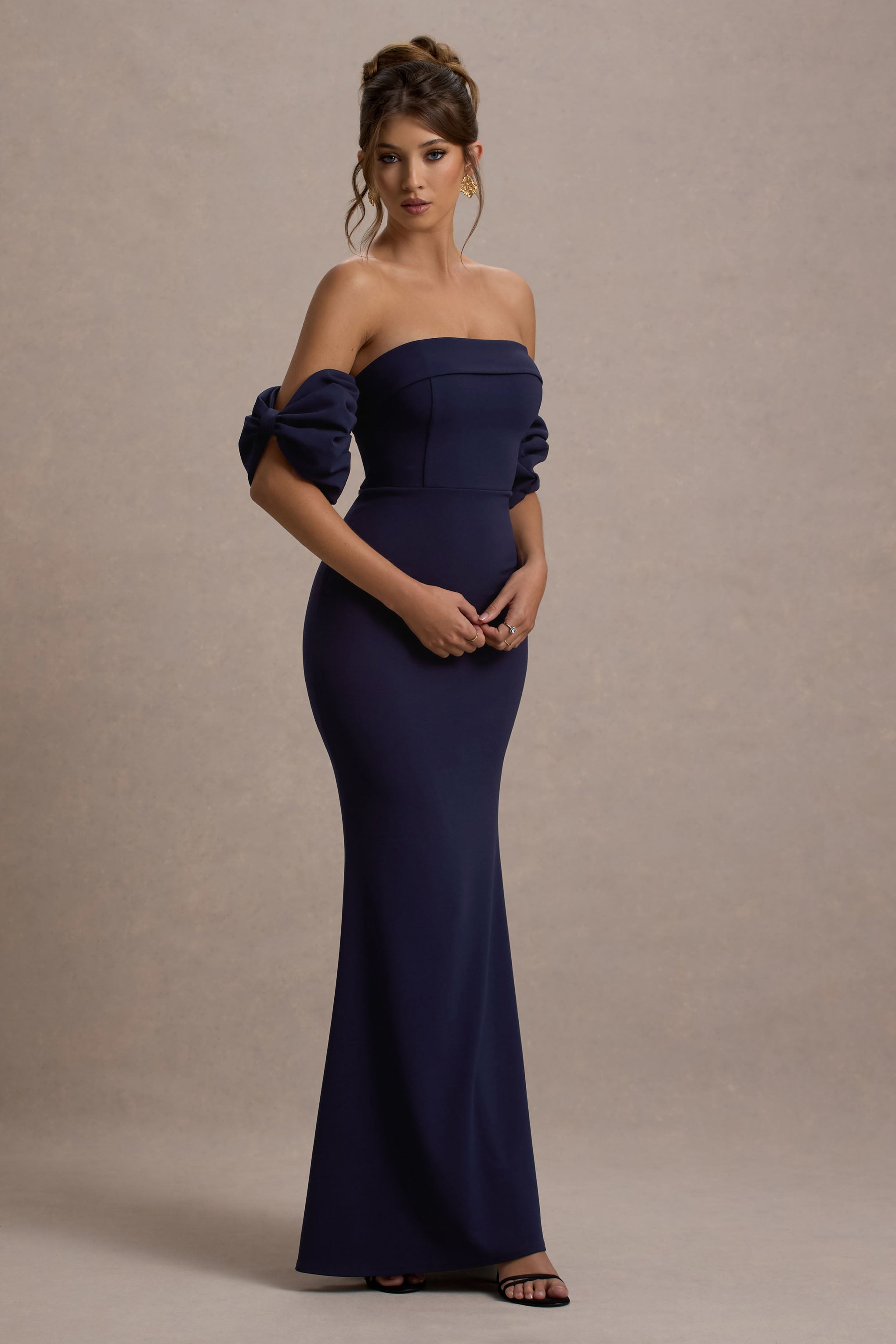 Alaine | Navy Bardot Maxi Dress With Bow Sleeves