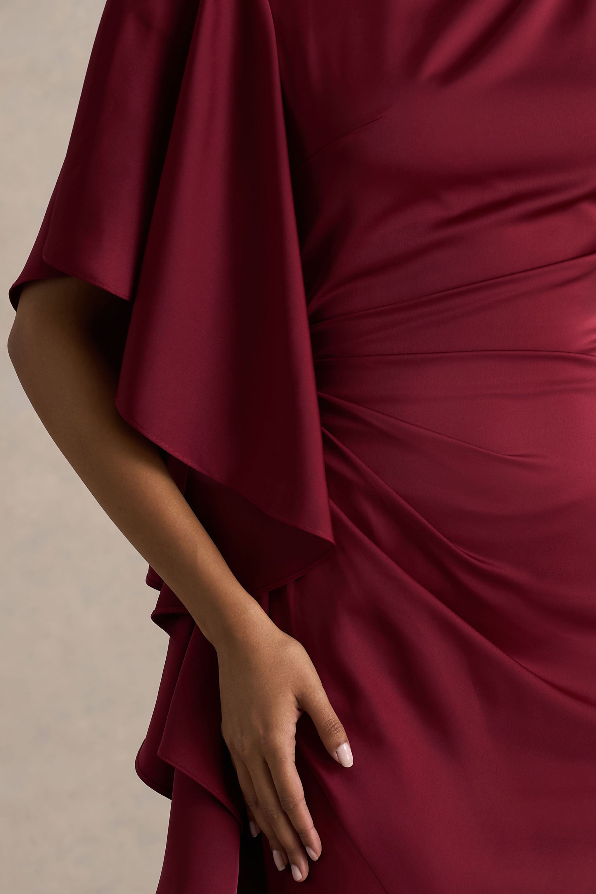 Rosy | Burgundy Satin Boat-Neck Maxi Dress With Front Split And Ruffled Detailing