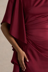 Rosy | Burgundy Satin Boat-Neck Maxi Dress With Front Split And Ruffled Detailing
