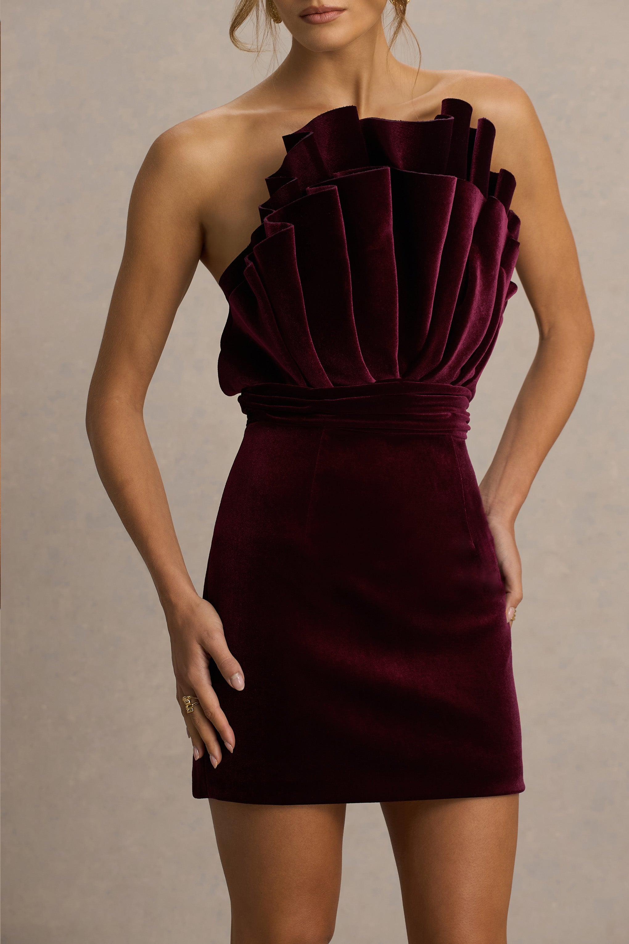Polly | Burgundy Velvet Ruffled Strapless Mini Dress