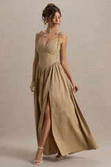 Comet | Tan Linen Maxi Dress with Plunge Neckline and Front High Split