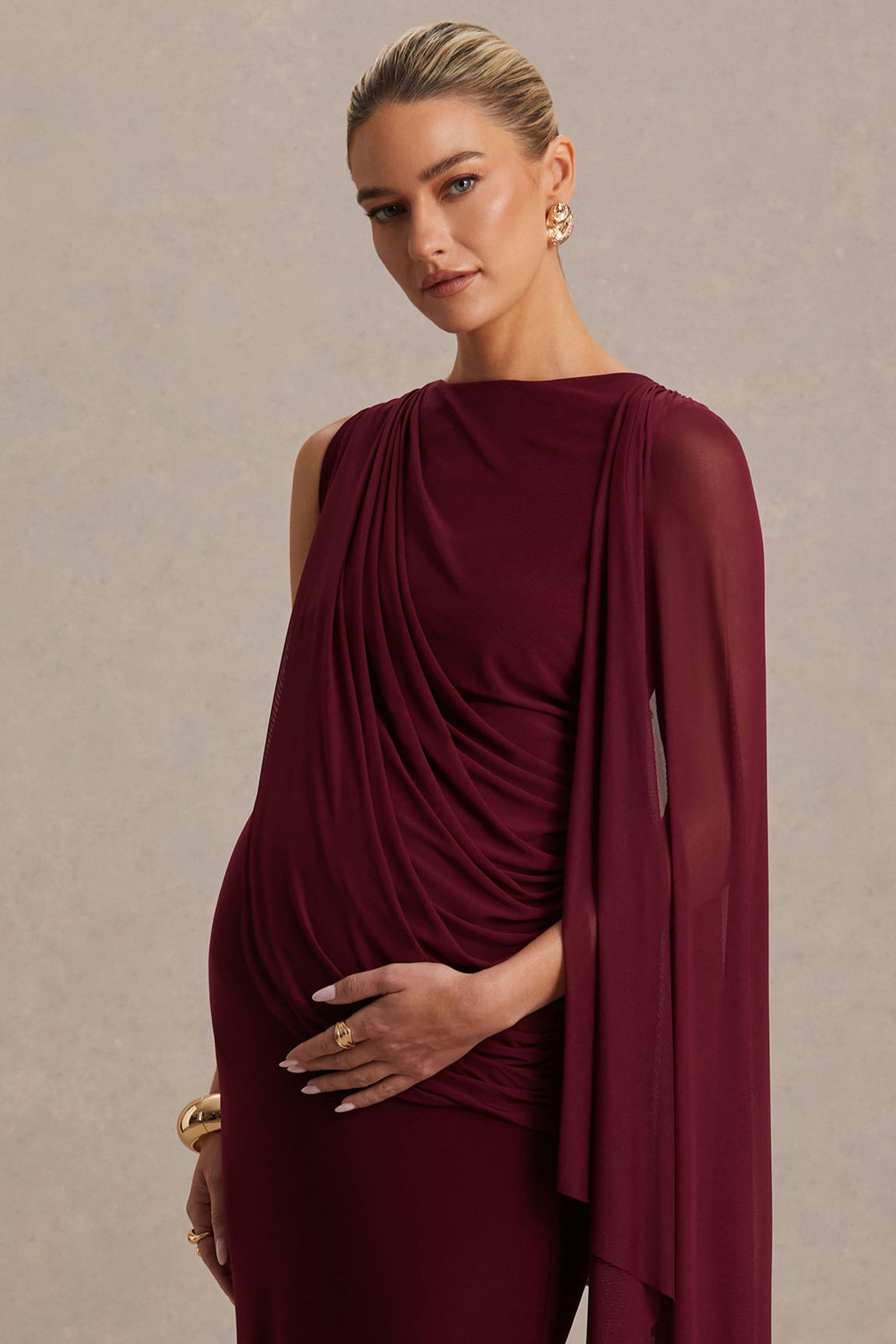Cristina | Burgundy Slashed-Neck Maternity Maxi Dress With Cape-Sleeve