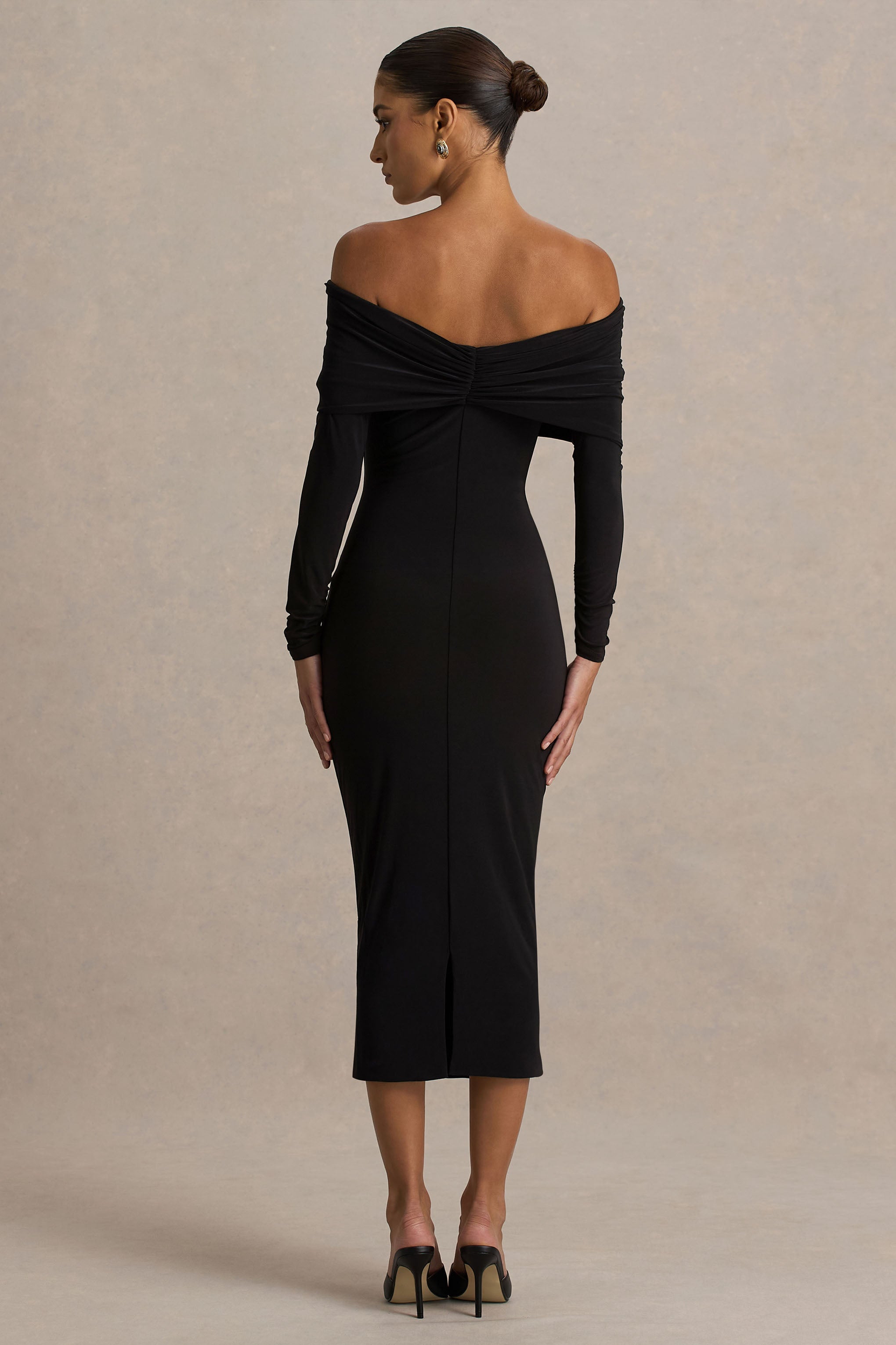 Spark | Black Bardot-Neck Midi Dress With Bow Detail