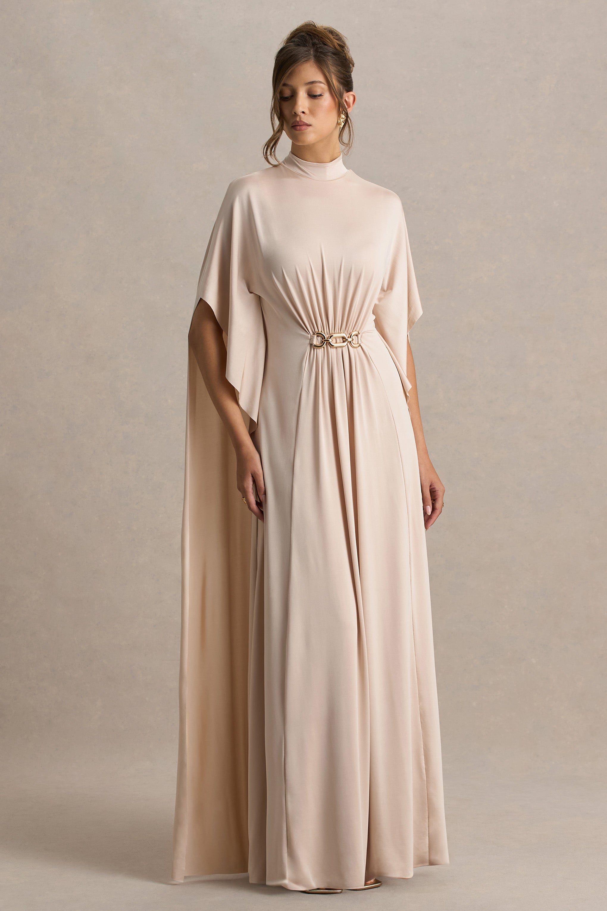 Olessia | Champagne Belted Gathered Cape-Sleeve Maxi Dress