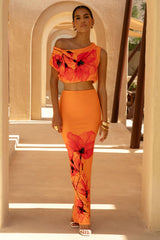 Clara | Orange And Red Placement Floral Print Maxi Skirt