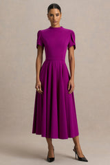 Vicky | Mulberry High Neck Midi Dress With Puff Sleeves