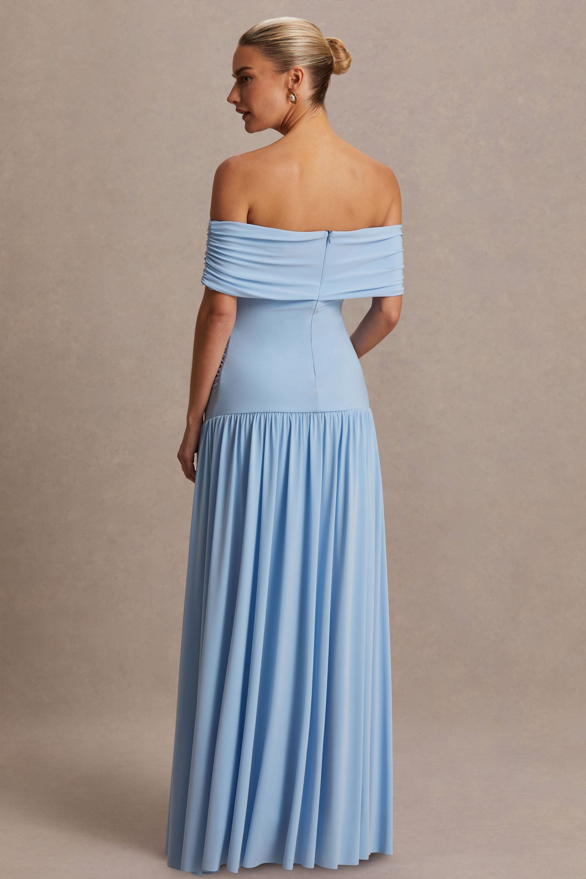Juliette | Powder Blue Bardot-Neck Maternity Maxi Dress With Drop-Waist
