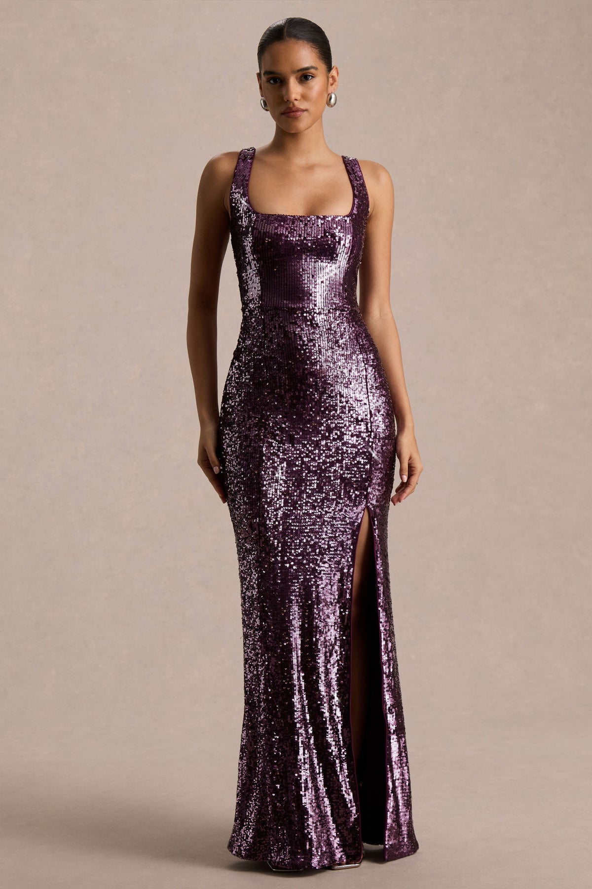 High Life | Plum Sequin Square-Neck Maxi Dress With Front-High Split