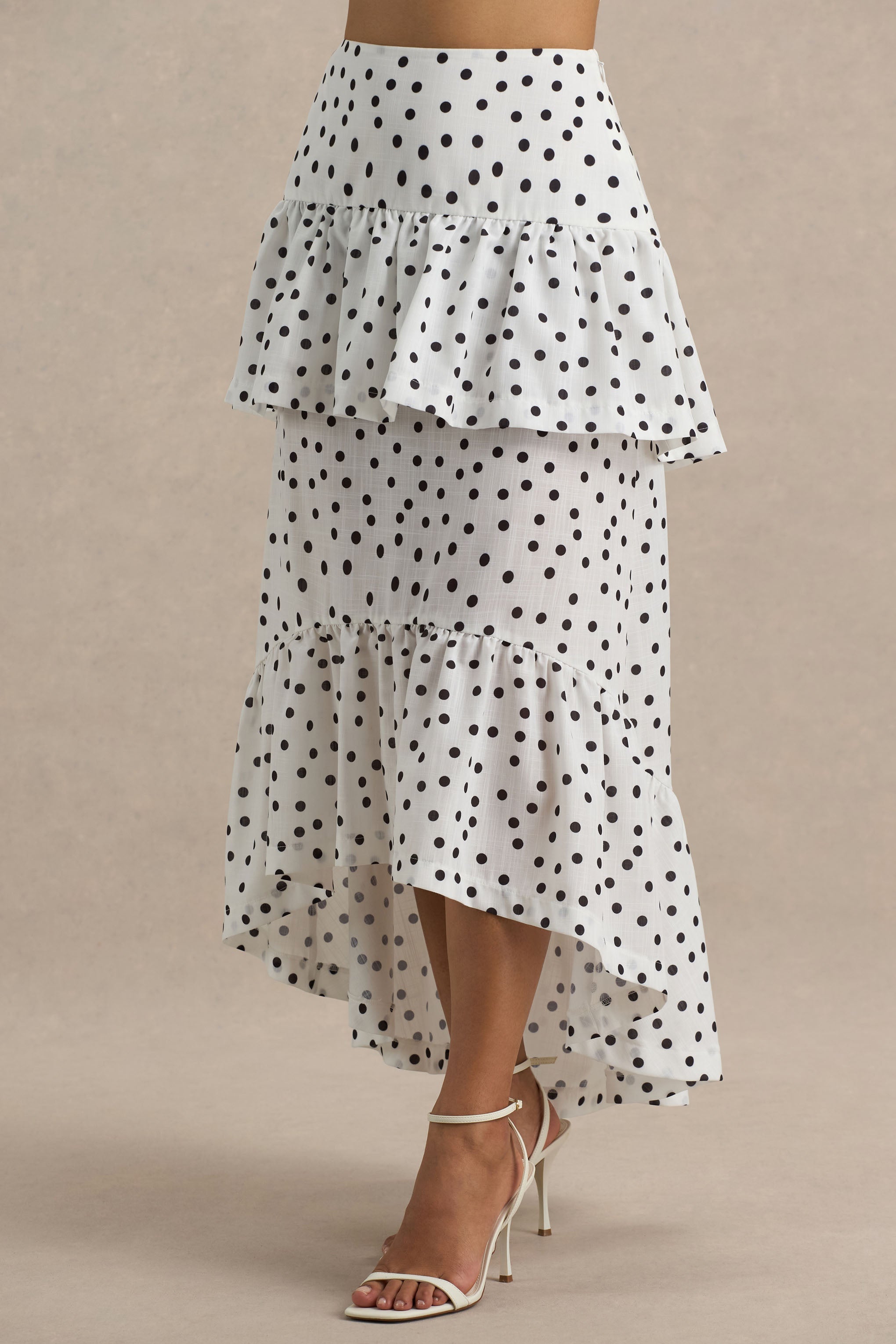 Emry | White Polka Dot High-Waist Maxi Skirt With Ruffle Detail