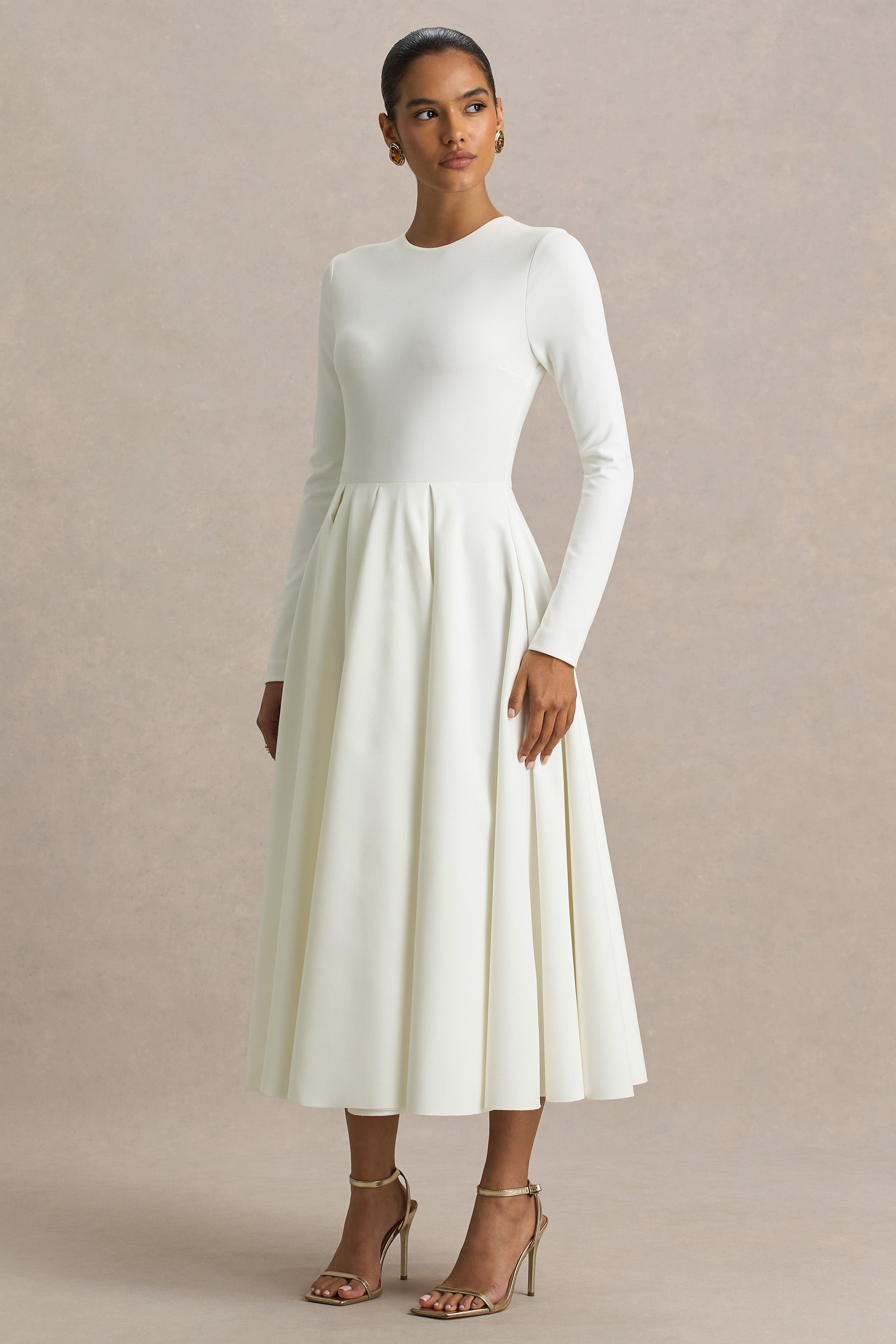 Bellamy | Cream Crew-Neck Long Sleeve Midi Dress