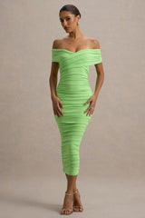 Unwrapped | Light Green Ruched Twist Bardot Midi Dress