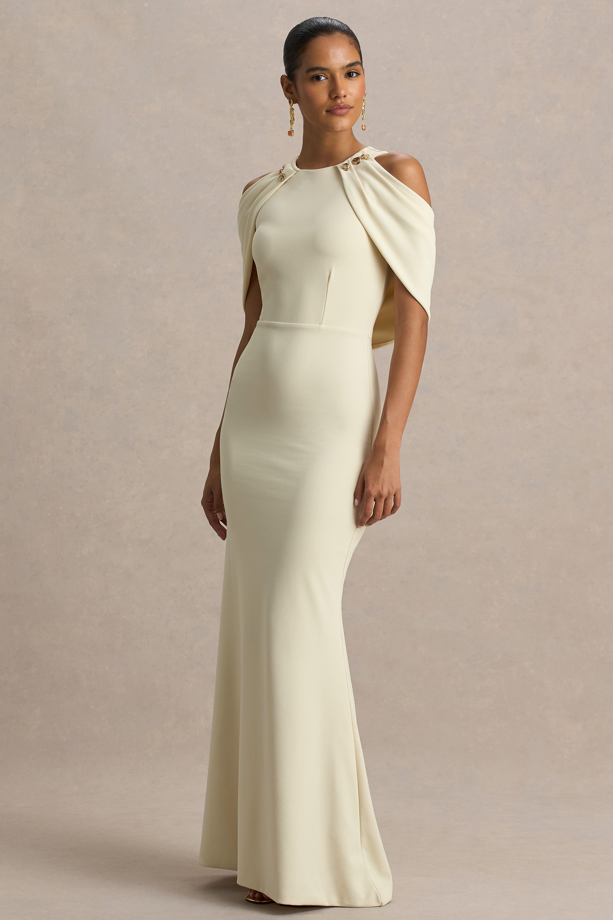 Yulia | Sand High-Neck Maxi Dress With Cape Sleeves