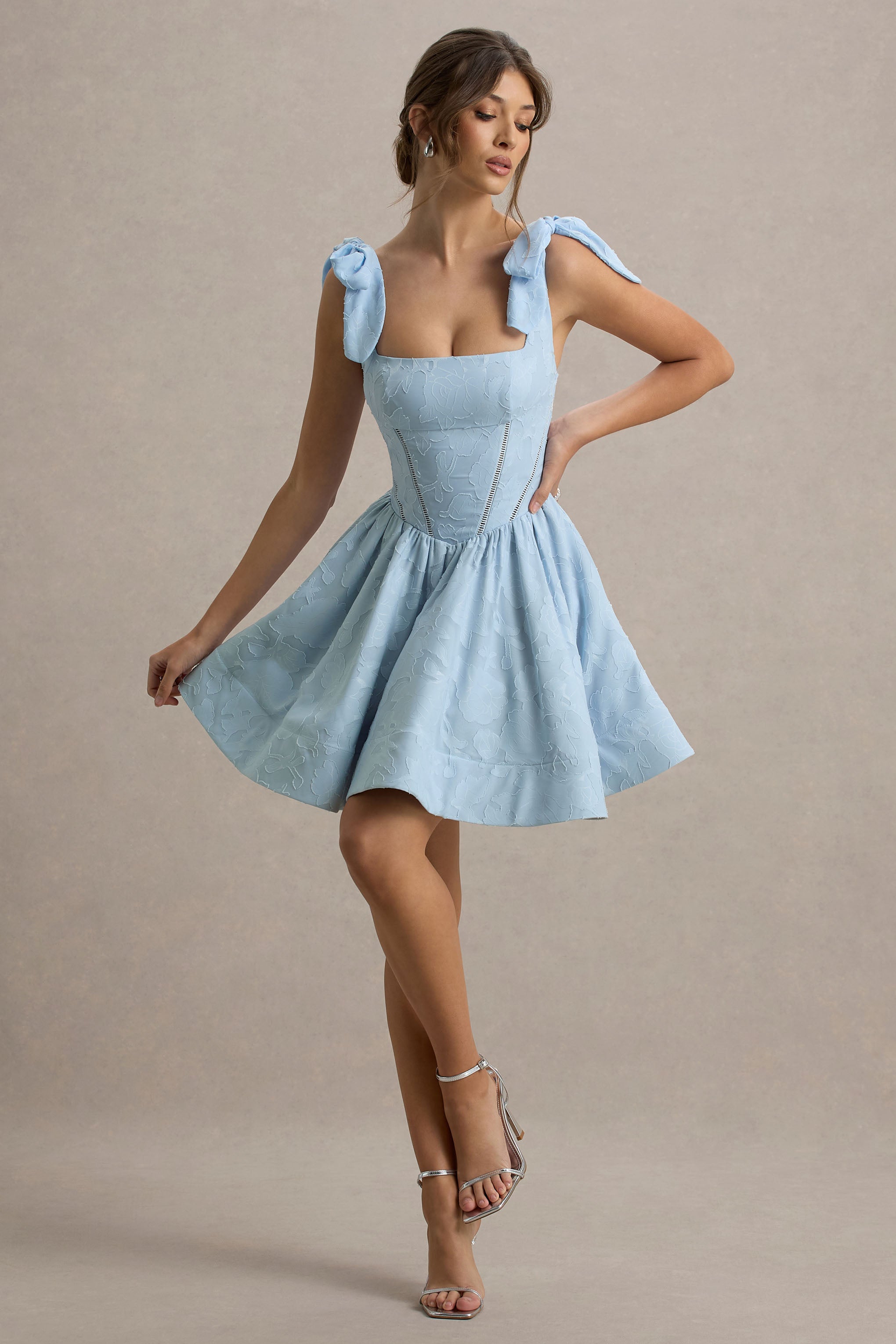 Bethani | Light Blue Skater Mini Dress With Bow Straps