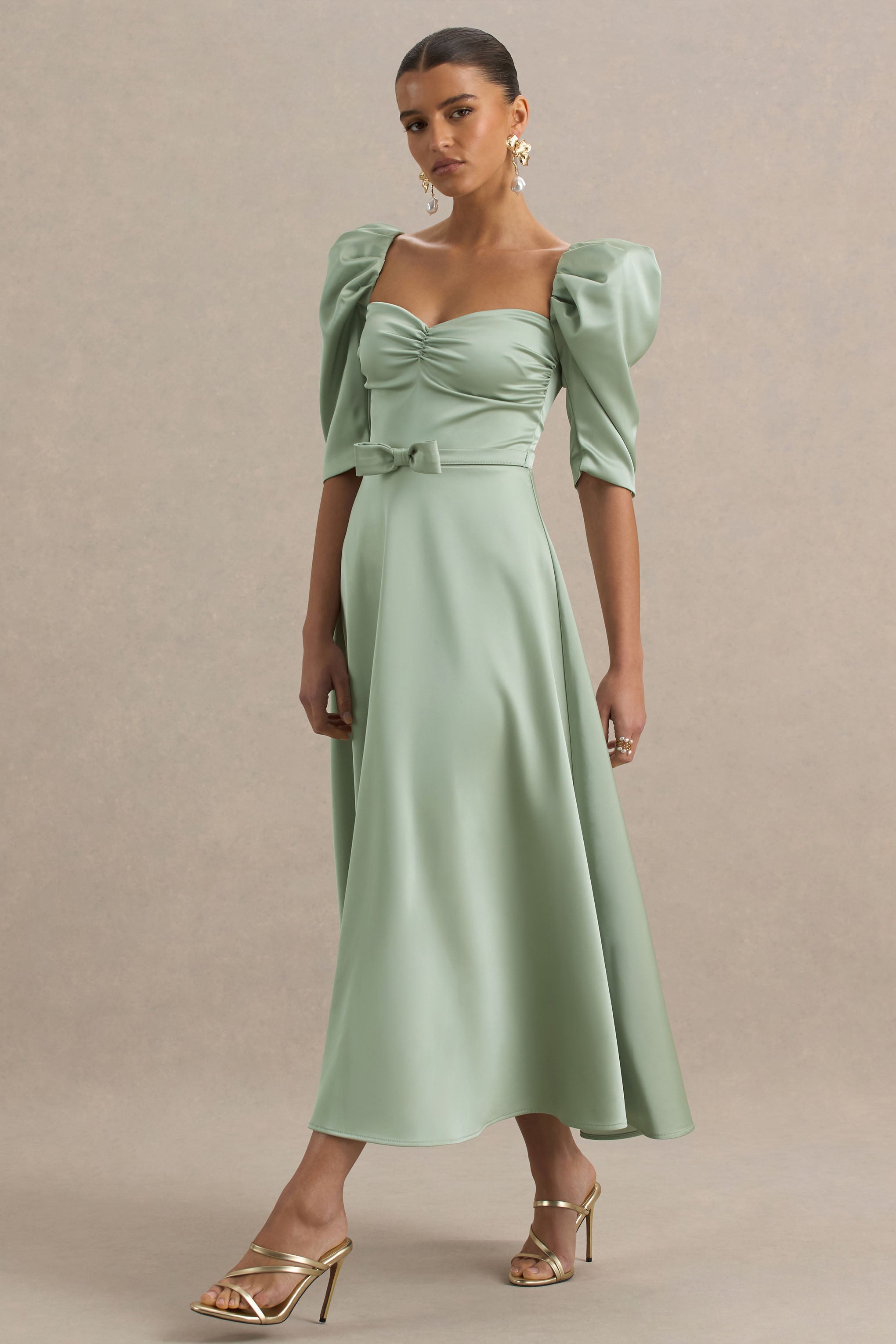 Rosey | Green Satin Sweetheart Midi Dress