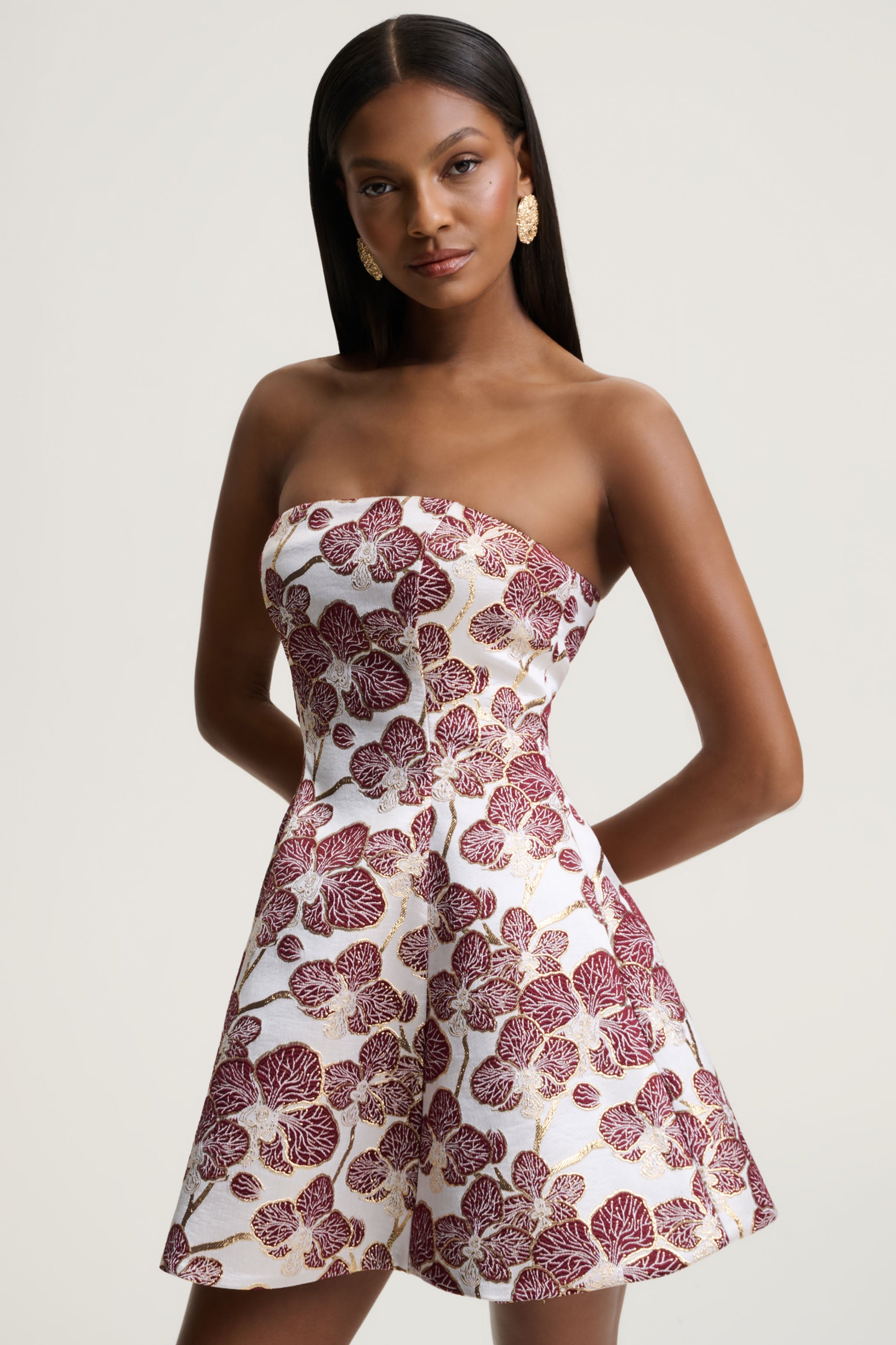 Federica | Burgundy And Gold Jacquard Bandeau A-Line Mini Dress