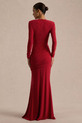 Liora | Red Crew-Neck Maxi Dress With Front-High Split