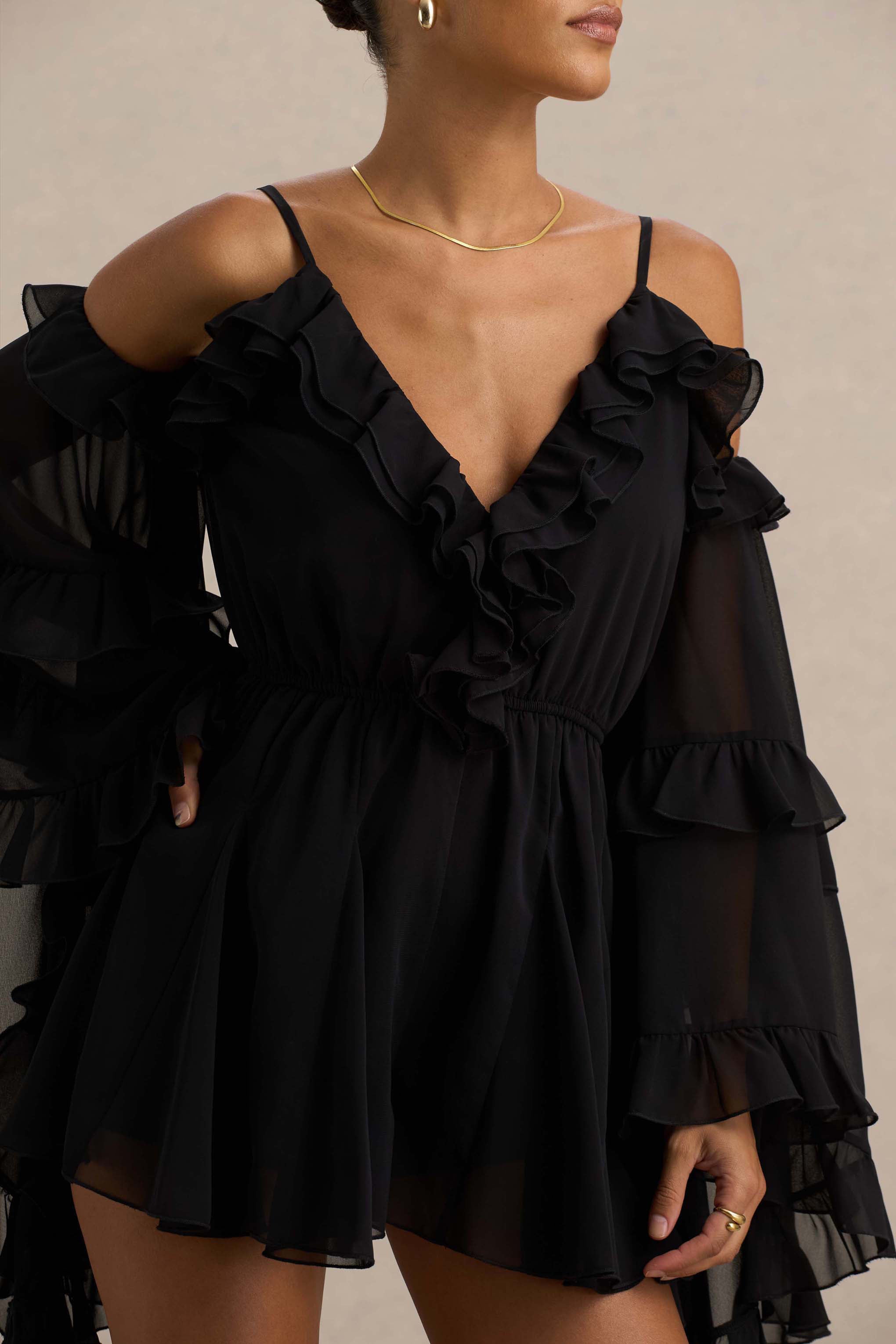 Anaya | Black Chiffon Playsuit With Long Sleeves
