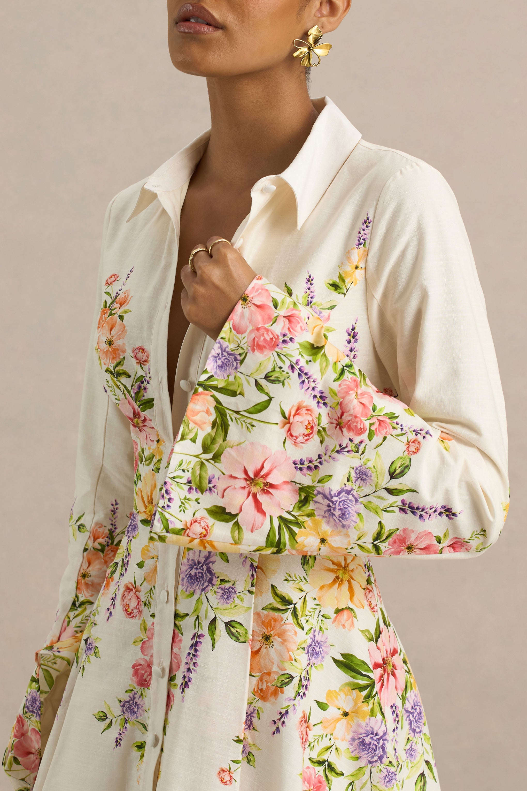 Alma | White Floral Border Print Shirt Mini Dress With Fluted Sleeves