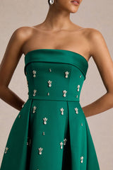 Sylvette | Dark Green Satin Bandeau Skater Midi Dress