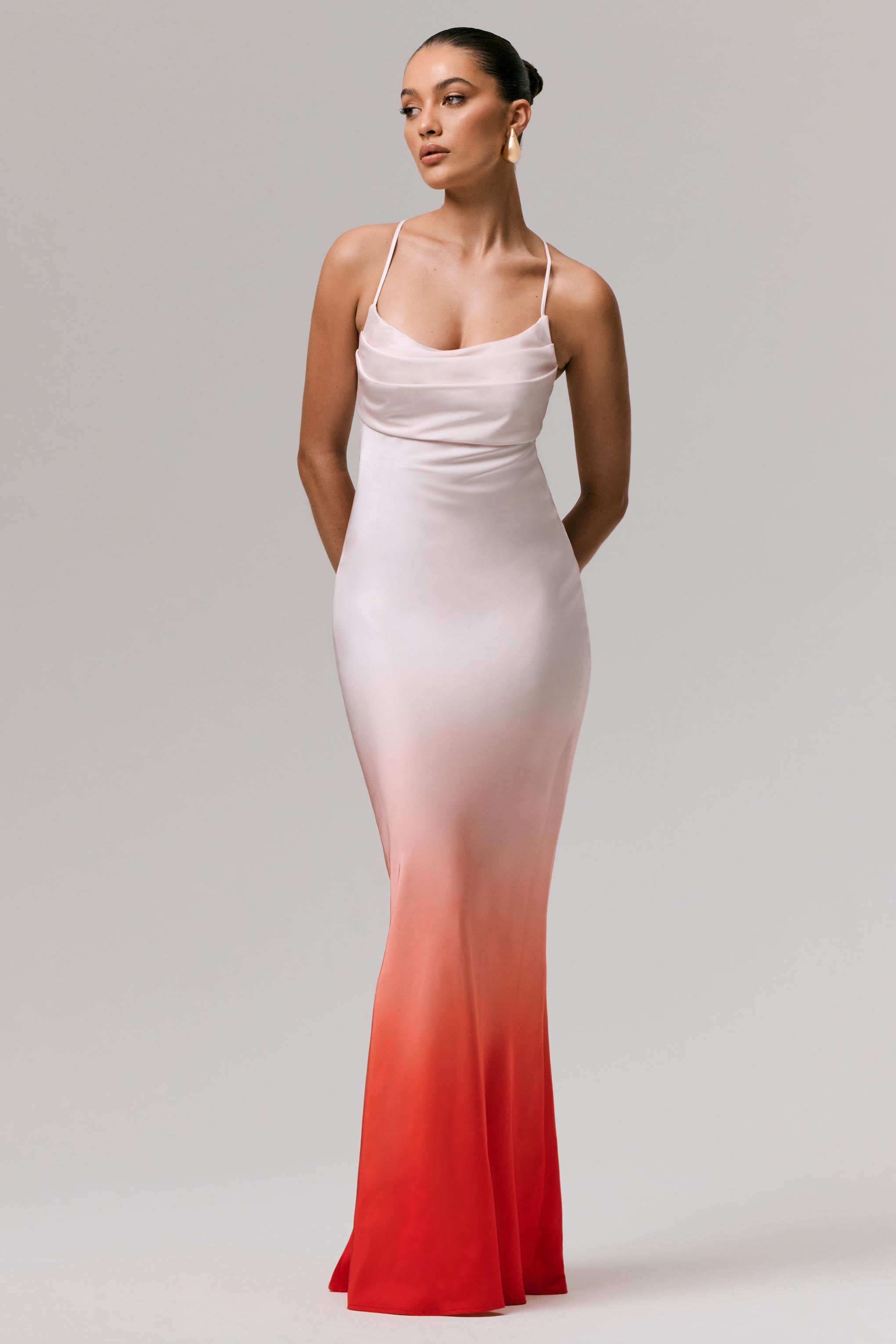 Lucie | Red Ombre Satin Cowl-Neck Maxi Dress