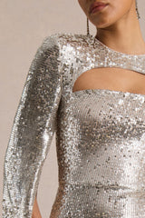 Devora | Silver Sequin Crew-Neck Maxi Dress With Cape Sleeves