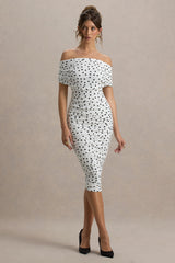Rayleigh | Polka Dot Bardot Ruched Midi Dress
