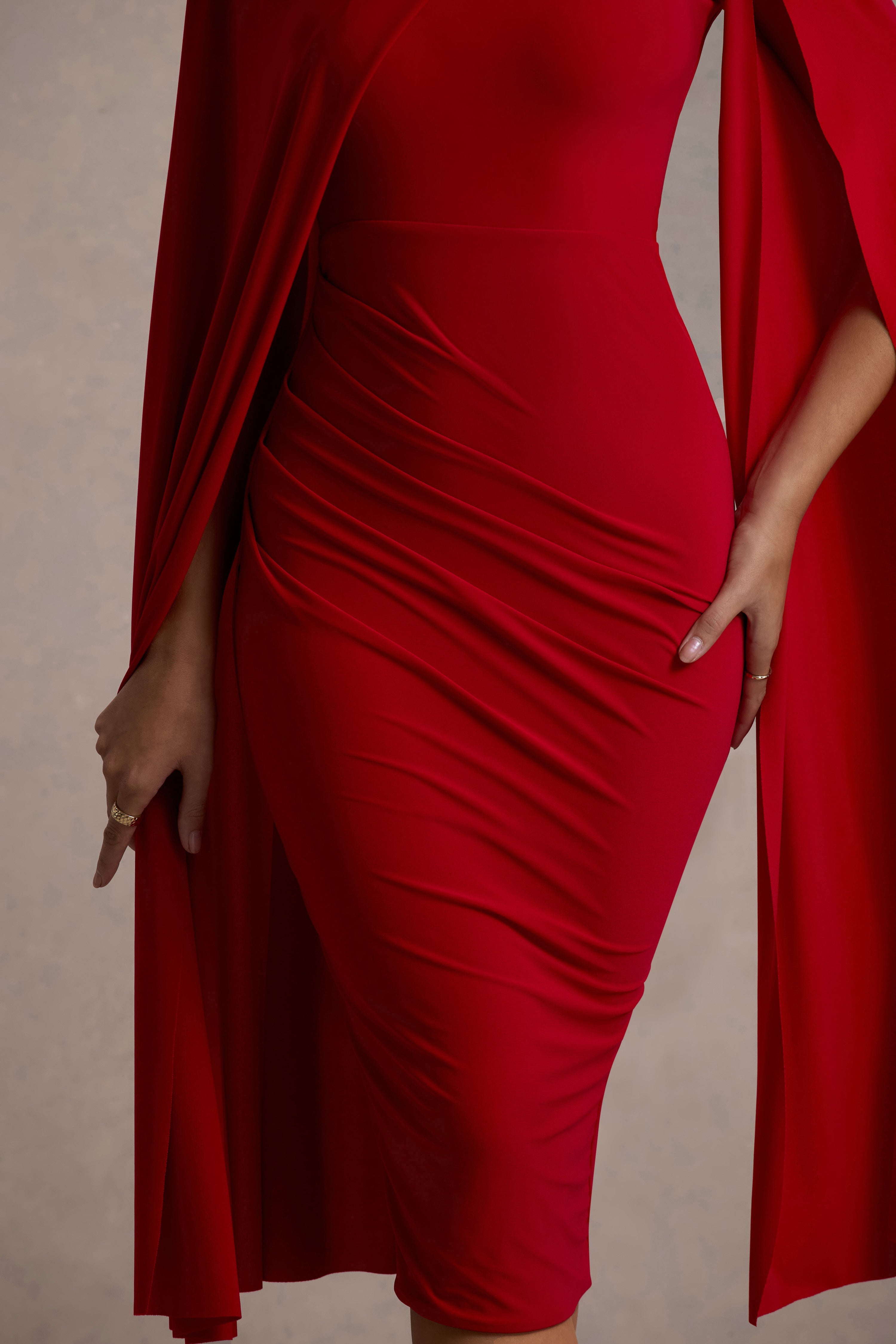 Marysol | Red Asymmetric Cape Midi Dress