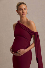 Orielle | Burgundy Asymmetric-Neck Maternity Maxi Dress With Knot-Sleeve And Sash