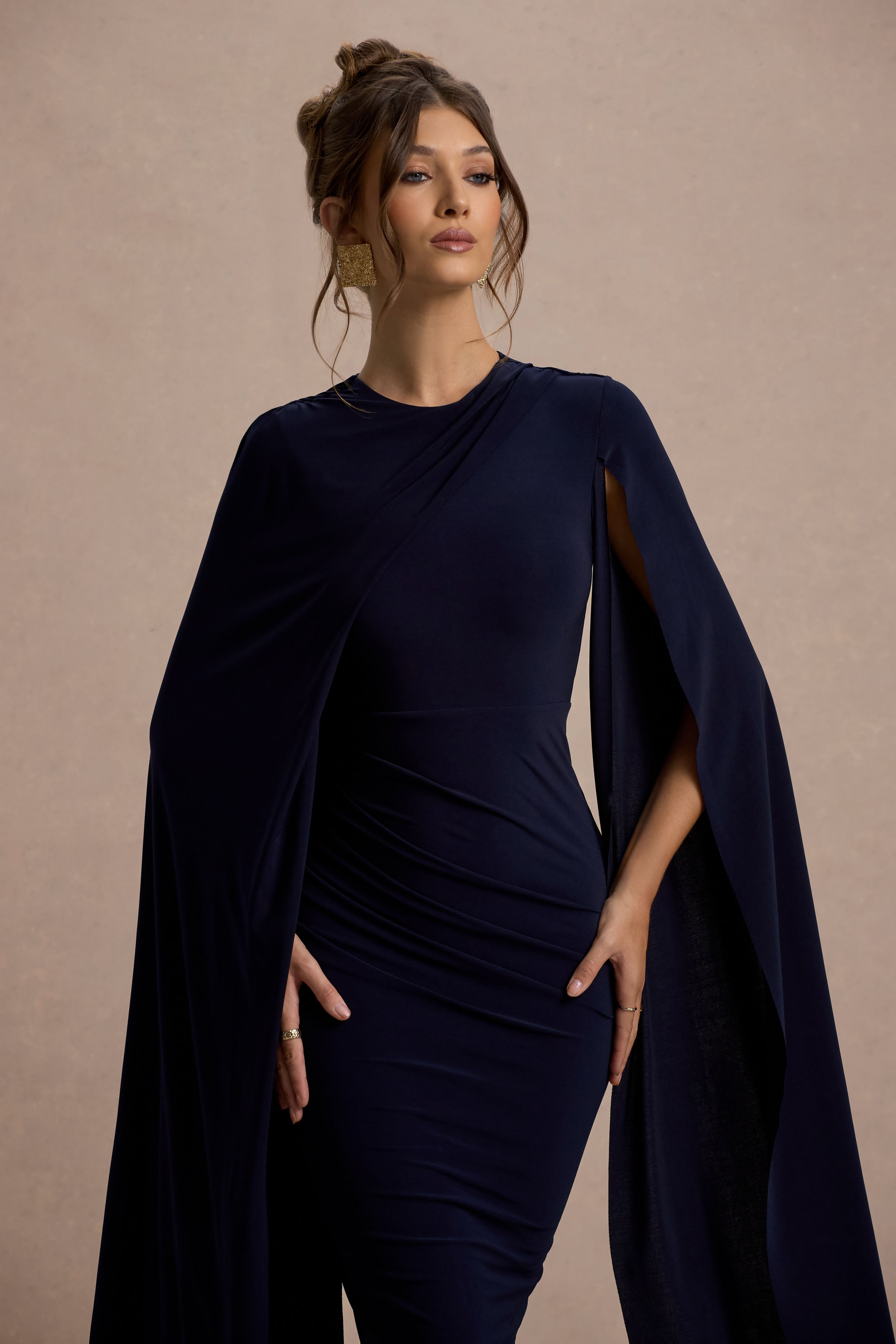 Marysol | Navy Asymmetric Cape Midi Dress