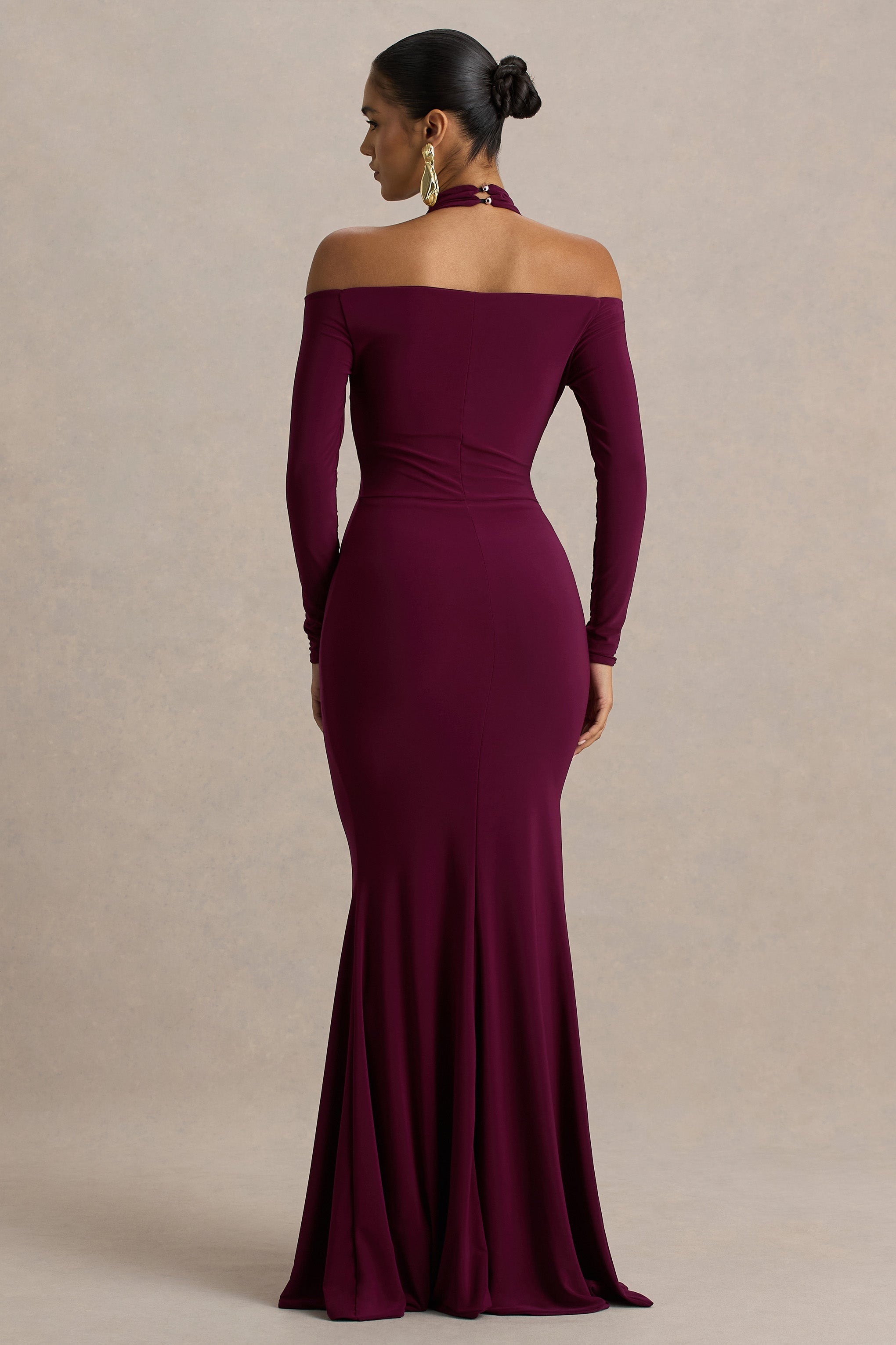 Living High | Burgundy Halter-Neck Maxi Dress With Long Sleeves