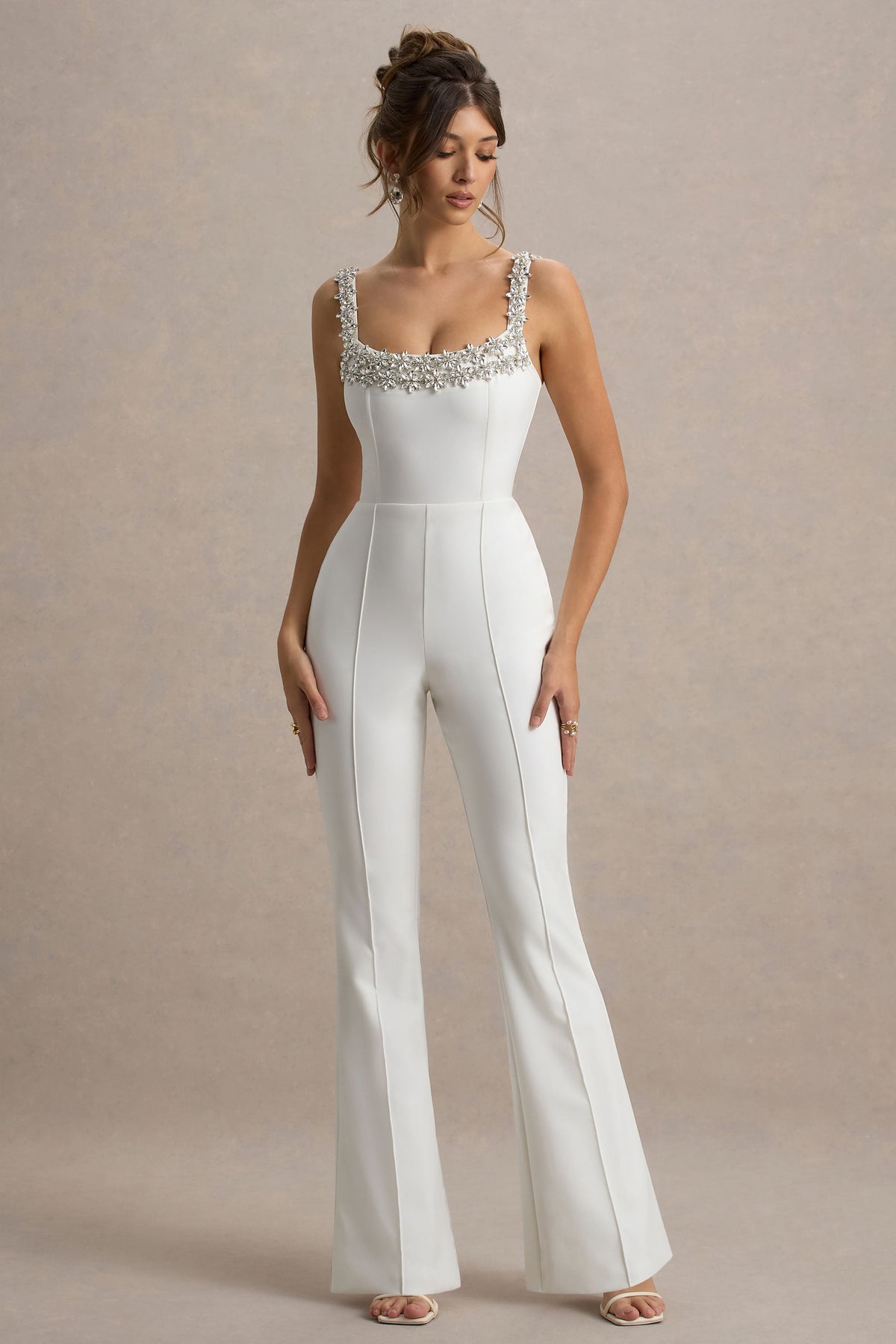 Amadi | White Embellished Strappy Flared-Leg Jumpsuit