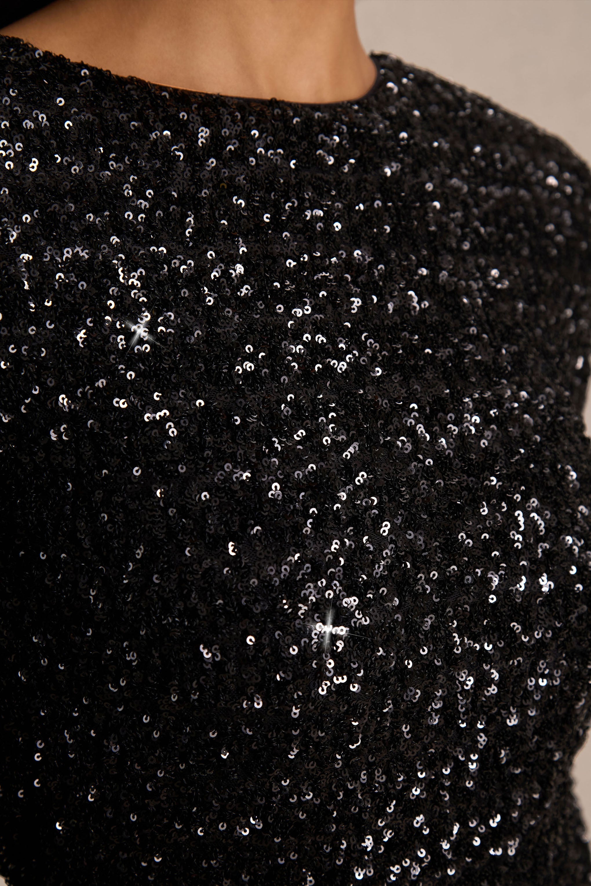 Mercedes | Black Sequin Boat-Neck Mini Dress With Draped Detail And Open Back