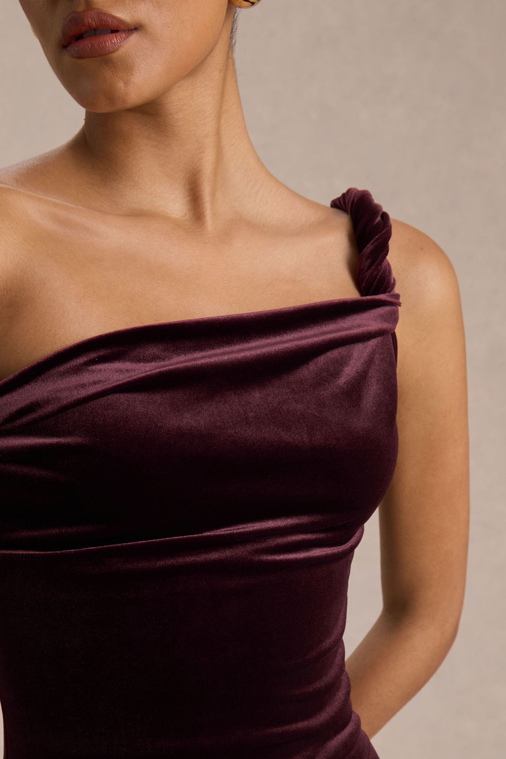 Carella | Burgundy Velvet Twisted Asymmetric Midi Dress
