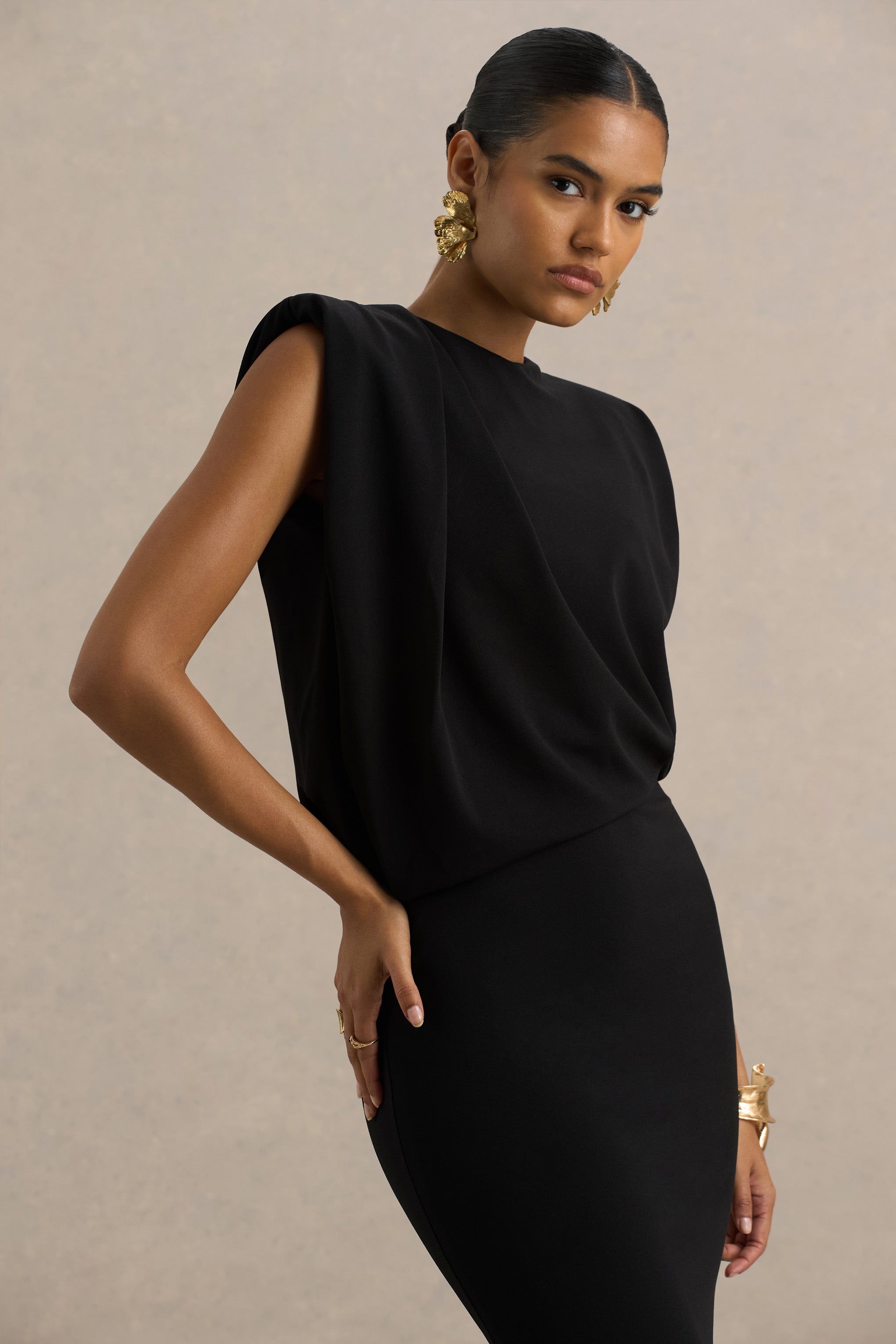 Meave | Black Boat-Neck Maxi Dress With Draped Detail