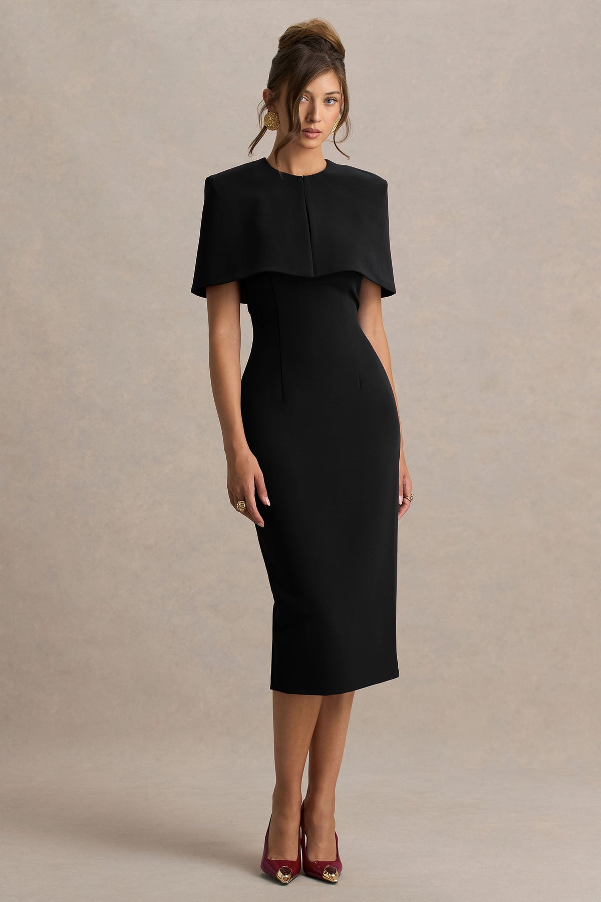 Baylor | Black Midi-Dress With Removable Cape-Detail