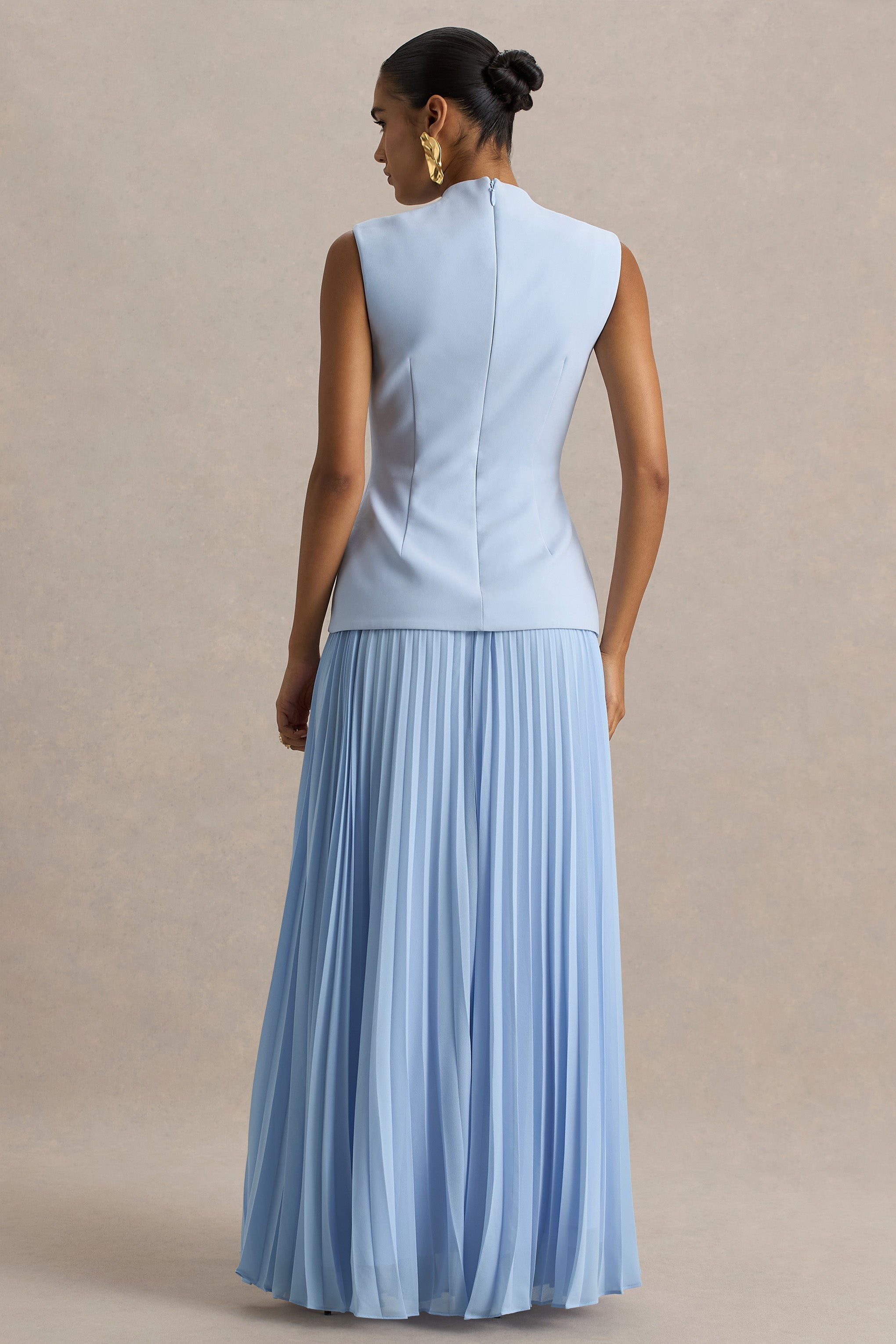 Heavenly | Powder Blue High Neck Maxi Dress With Pleated Detailing