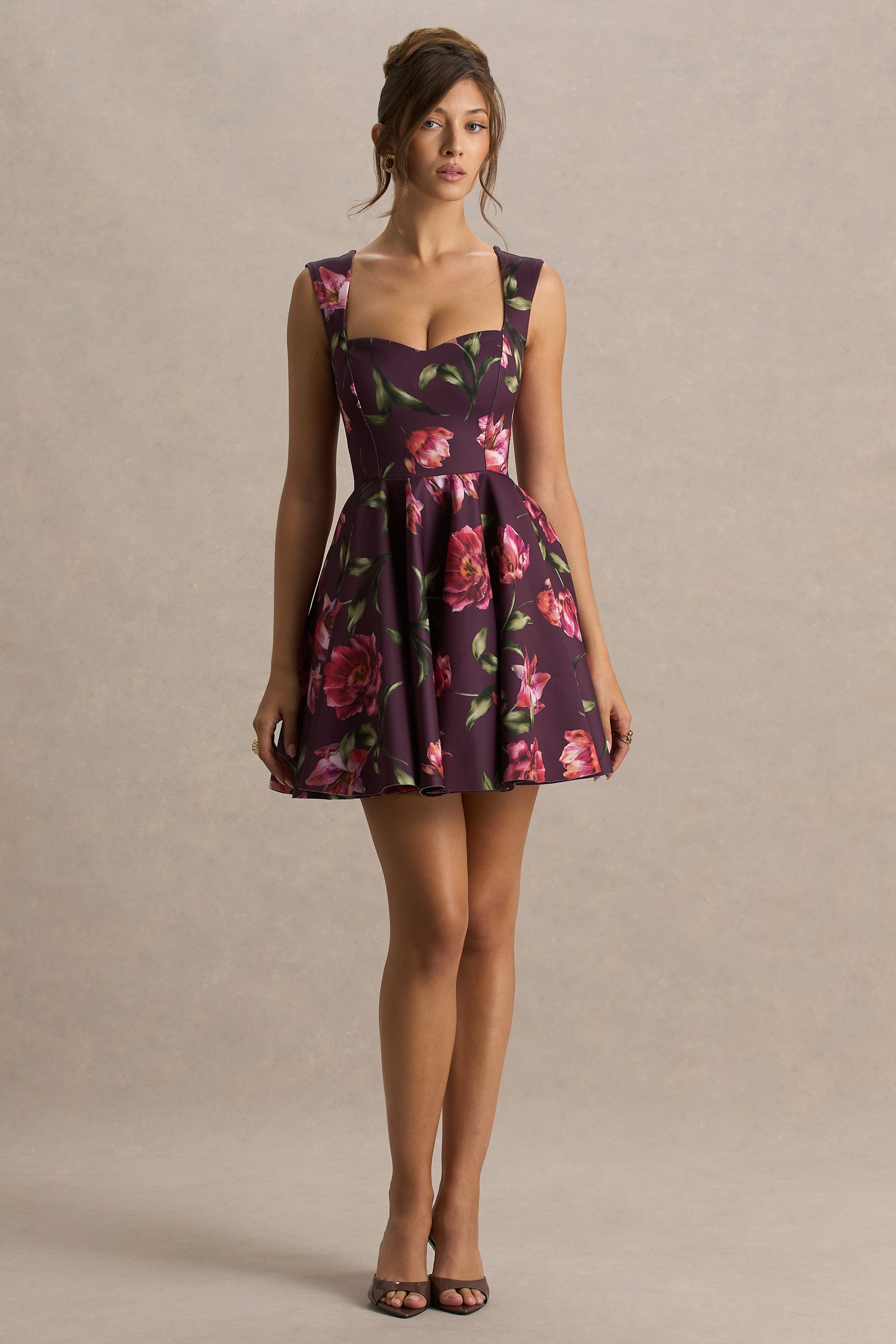 Magic | Burgundy Floral Print Sweetheart-Neck Mini Dress.