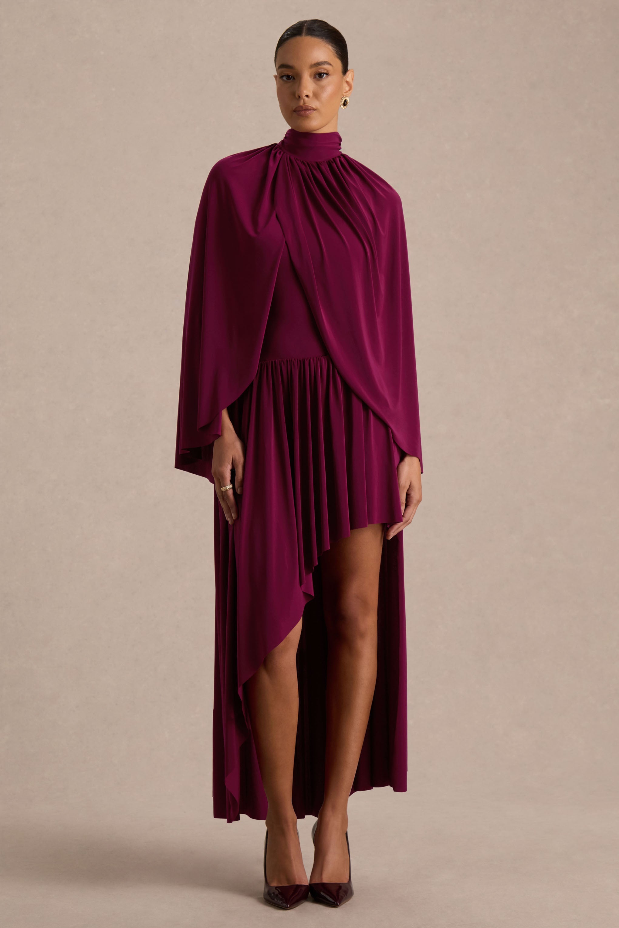 Honora | Burgundy High-Neck Midi Dress With Cape-Sleeves