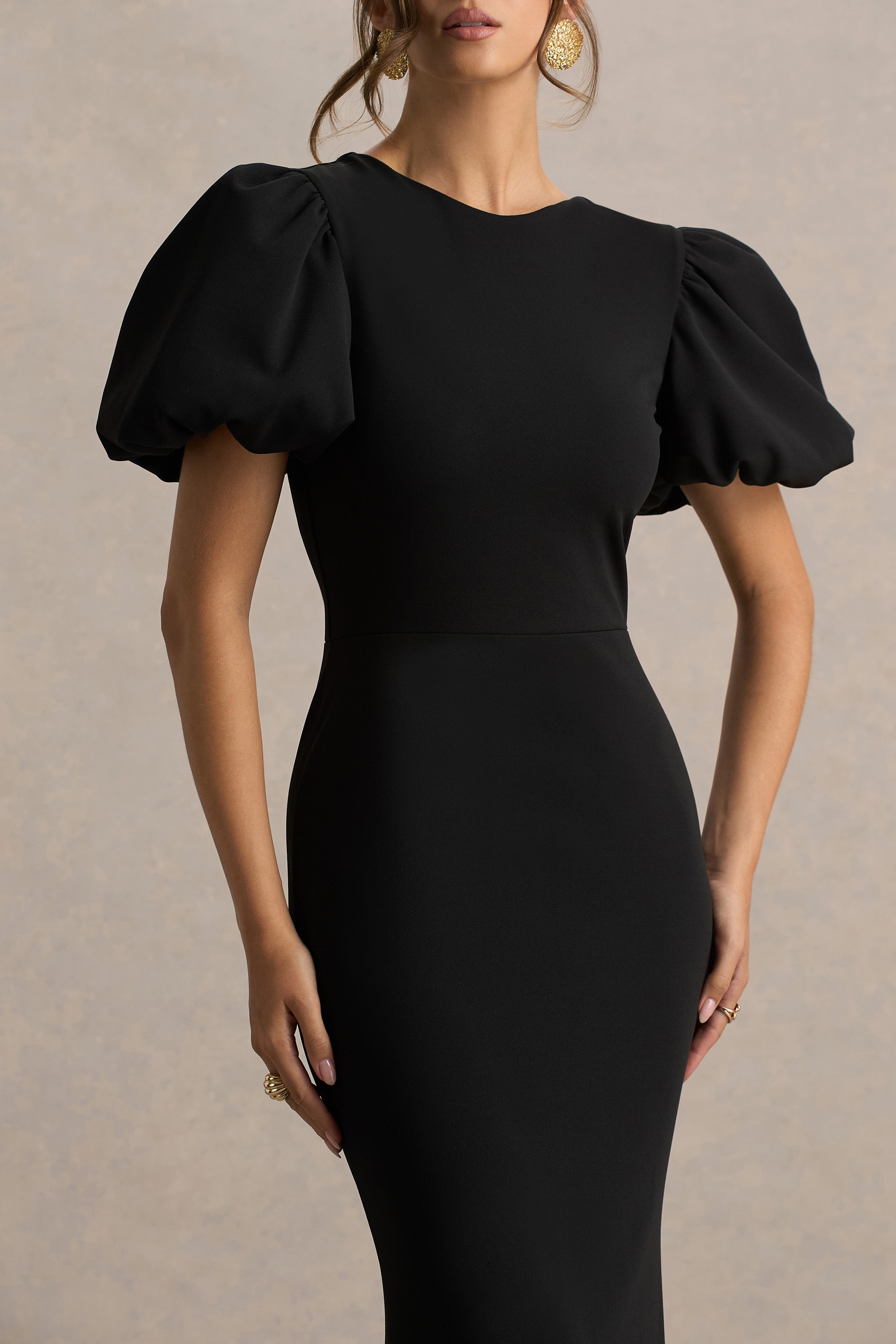 Carolina | Black Puff-Sleeve Maxi Dress With White Bow Detail